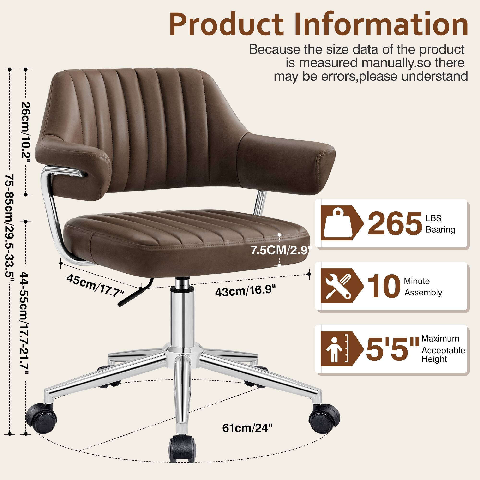 26cm/10.2"  
75-85cm/29.5-33.5"  
44-55cm/17.7-21.7"  

Product Information  
Because the size data of the product is measured manually, so there may be errors, please understand  

265 LBS Bearing  
7.5CM/2.9"  
45cm/17.7"  
43cm/16.9"  
61cm/24"  

10 Minute Assembly  
Maximum Acceptable Height 5'5"