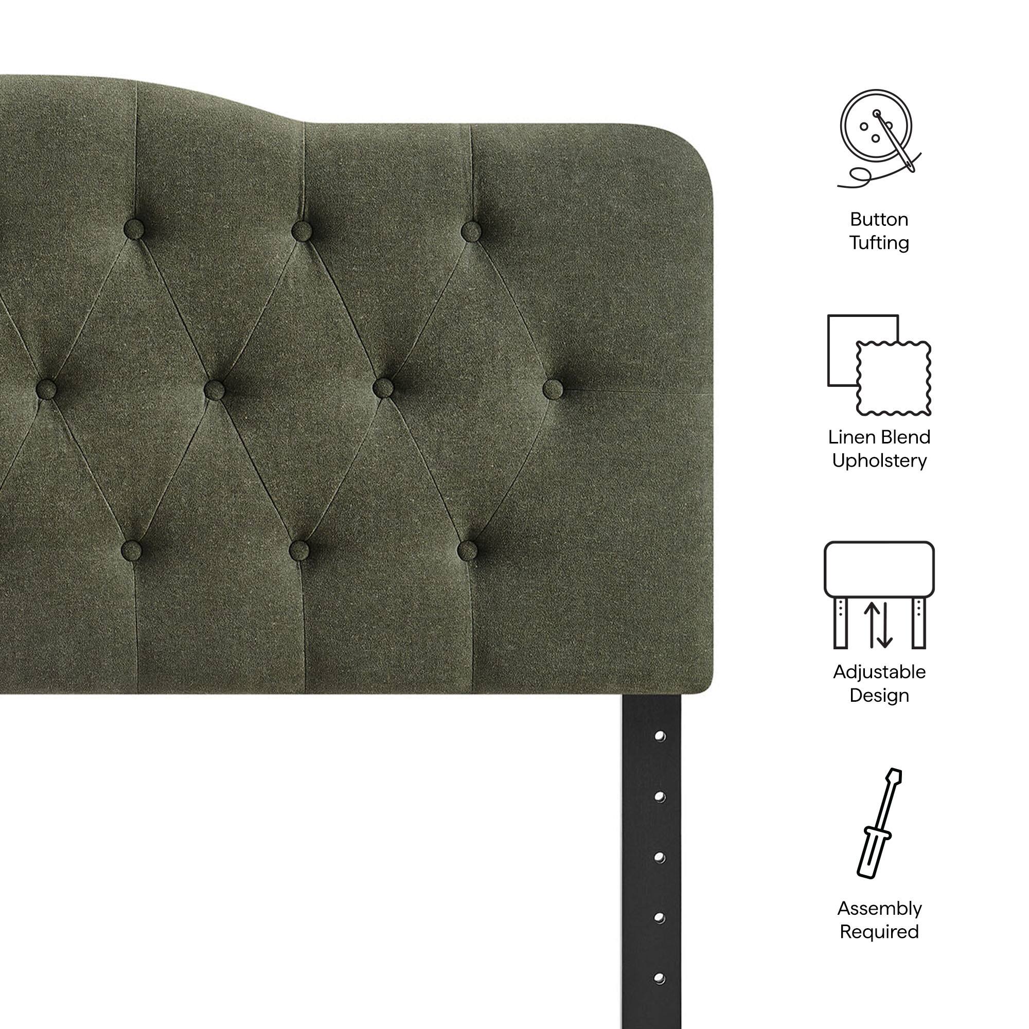 Button Tufting  
Linen Blend Upholstery  
Adjustable Design  
Assembly Required