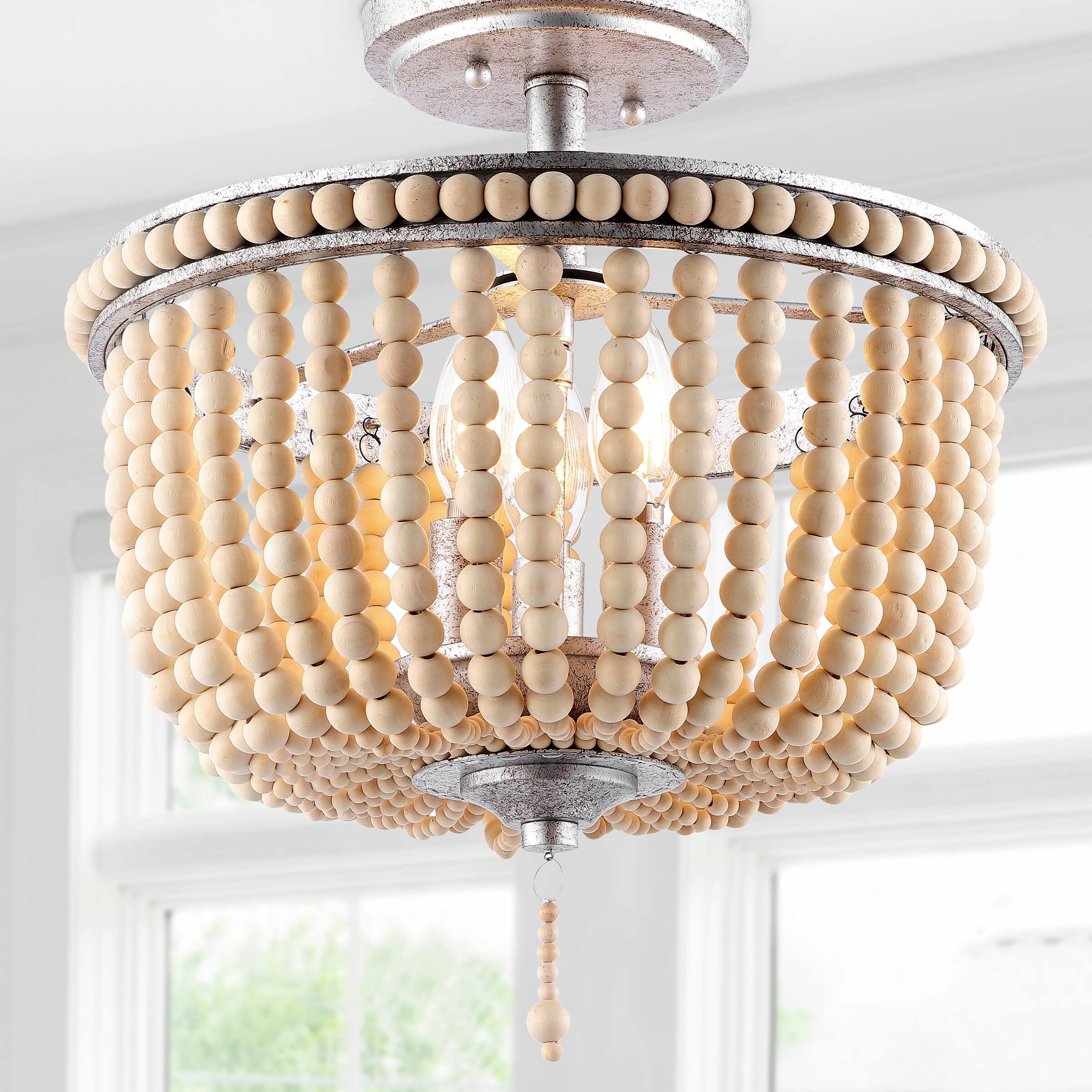 Alt View 1. Jonathan Y - Allie 14" 3-Light Bohemian Farmhouse Wood Bead/Iron LED Semi Flush Mount, Antique Silver/Light Taupe - Antique Silver.