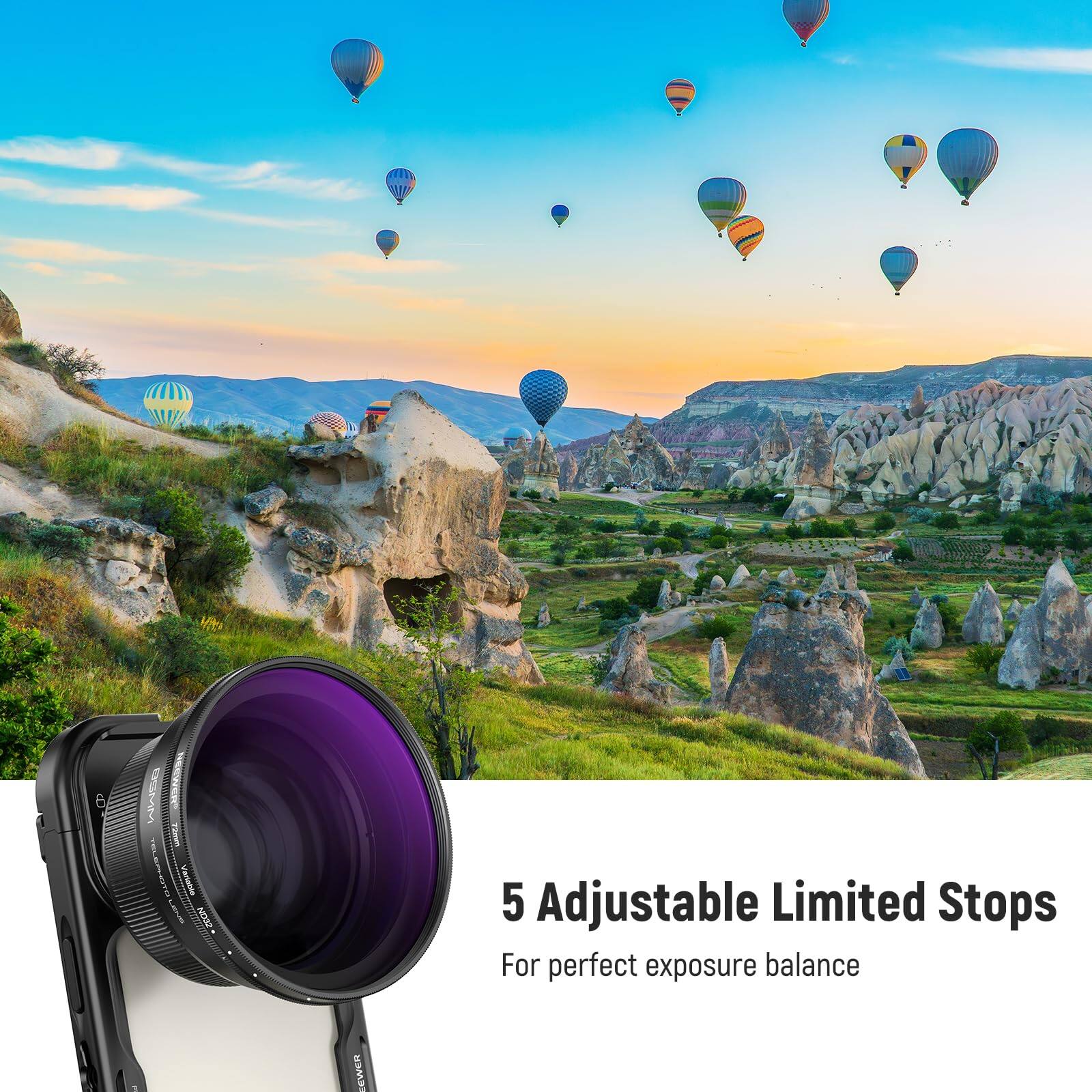 6 asMed Ta ELESETO - - NOSZ 5 Adjustable Limited Stops For perfect exposure balance BEWER