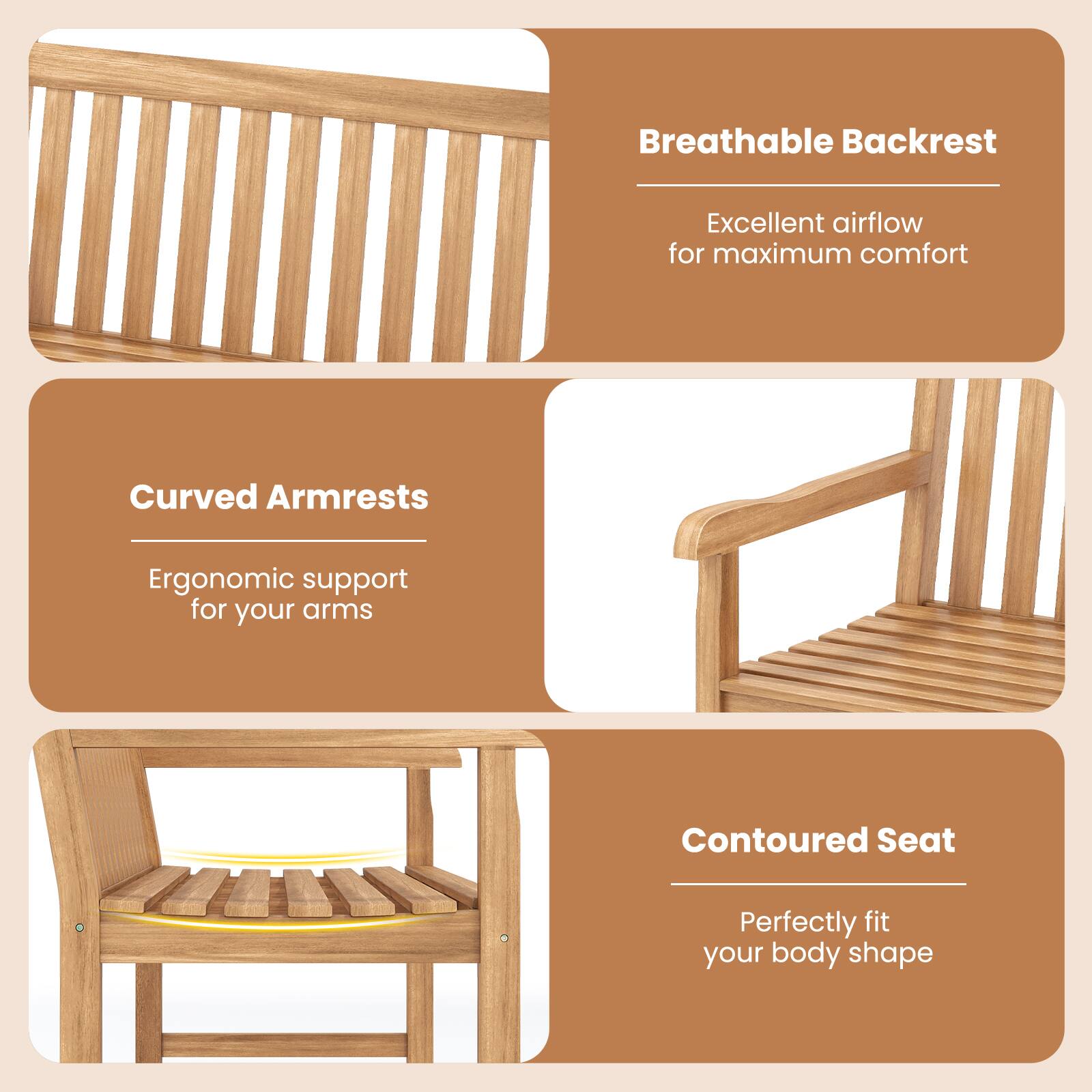 Breathable Backrest  
Excellent airflow for maximum comfort  

Curved Armrests  
Ergonomic support for your arms  

Contoured Seat  
Perfectly fit your body shape