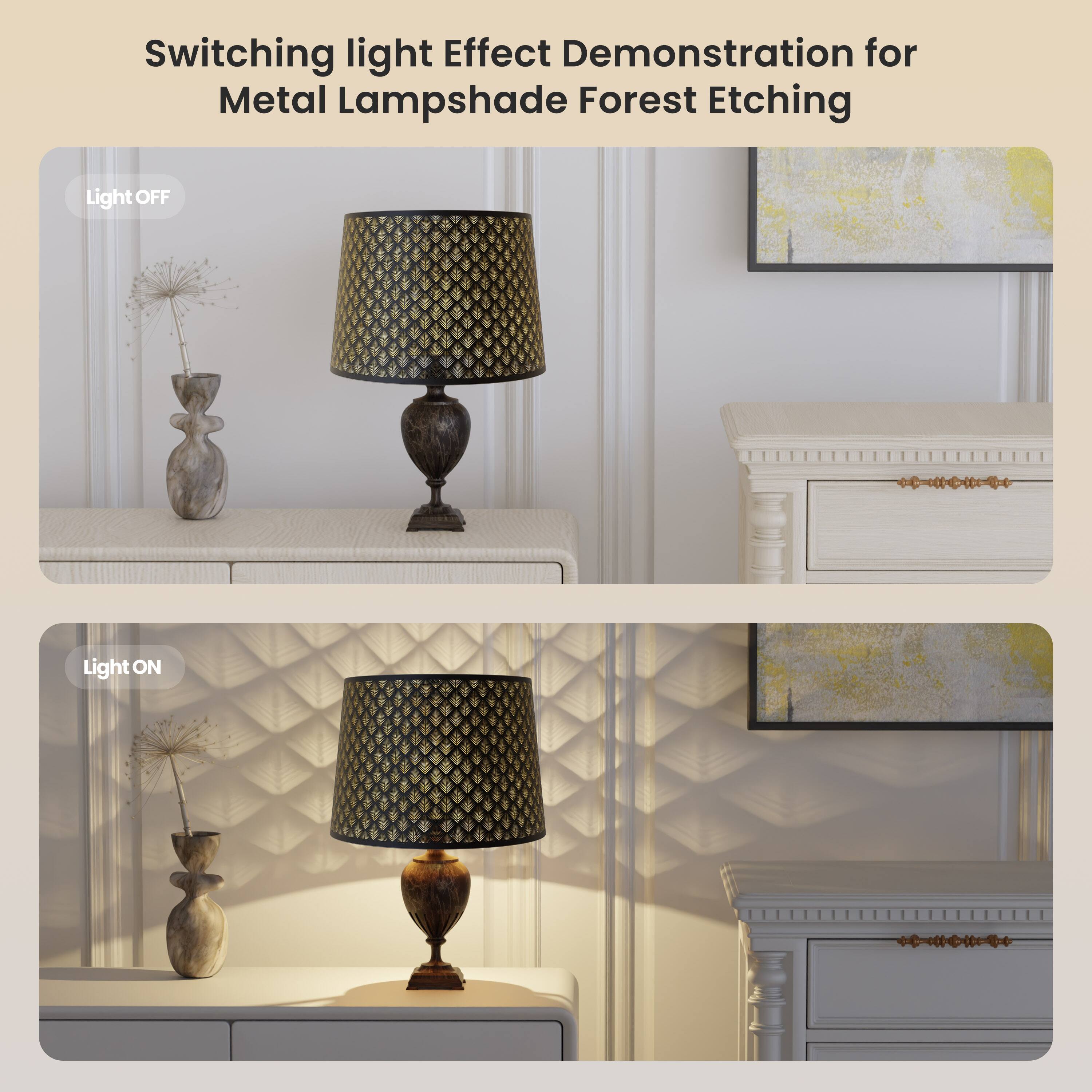 Switching light Effect Demonstration for Metal Lampshade Forest Etching

Light OFF
Light ON