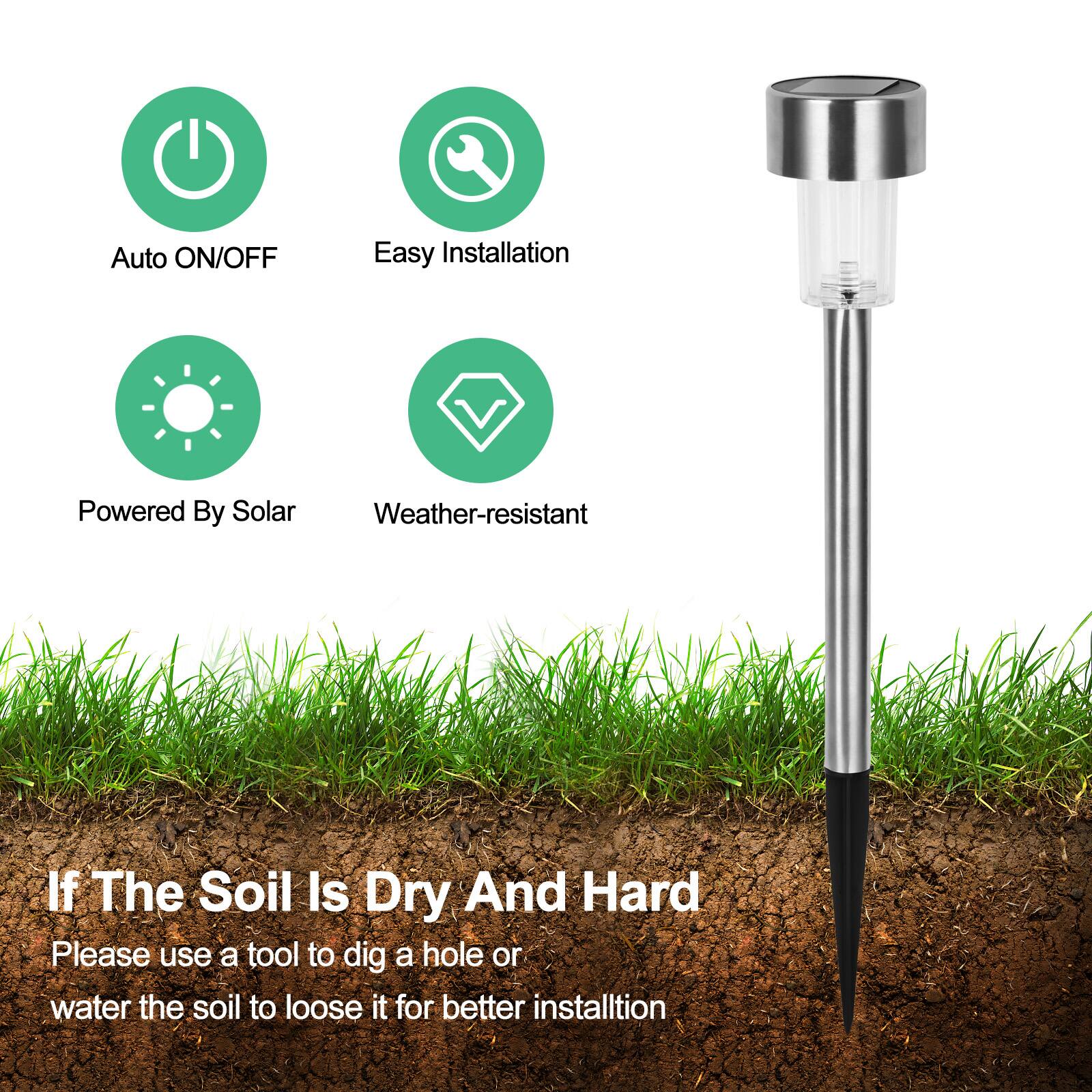 Auto ON/OFF  
Easy Installation  
Powered By Solar  
Weather-resistant  

If The Soil Is Dry And Hard  
Please use a tool to dig a hole or water the soil to loosen it for better installation