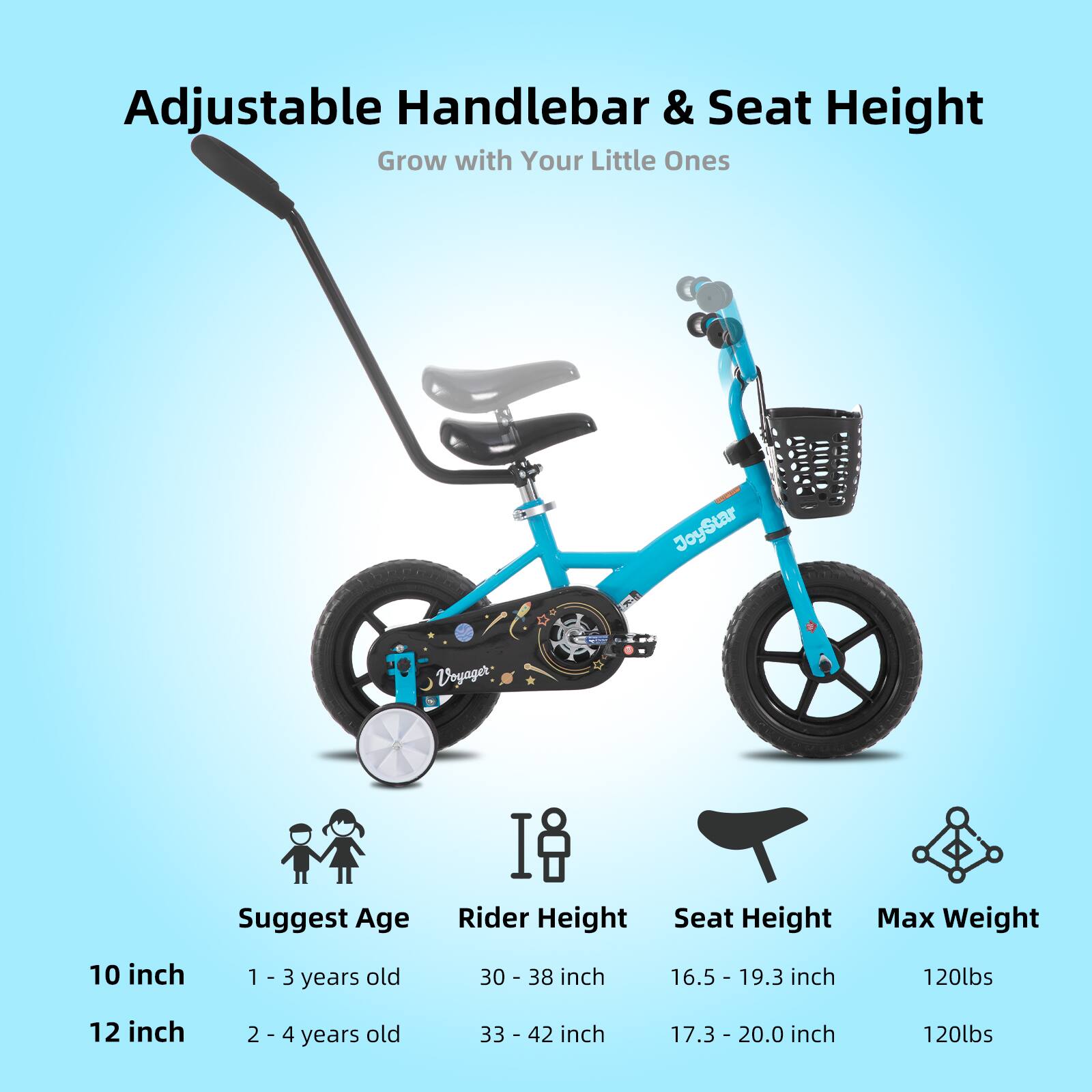 Adjustable Handlebar & Seat Height  
Grow with Your Little Ones  

JoyStar  
Voyager  

Suggest Age | Rider Height | Seat Height | Max Weight  
10 inch | 1 - 3 years old | 30 - 38 inch | 16.5 - 19.3 inch | 120lbs  
12 inch | 2 - 4 years old | 33 - 42 inch | 17.3 - 20.0 inch | 120lbs