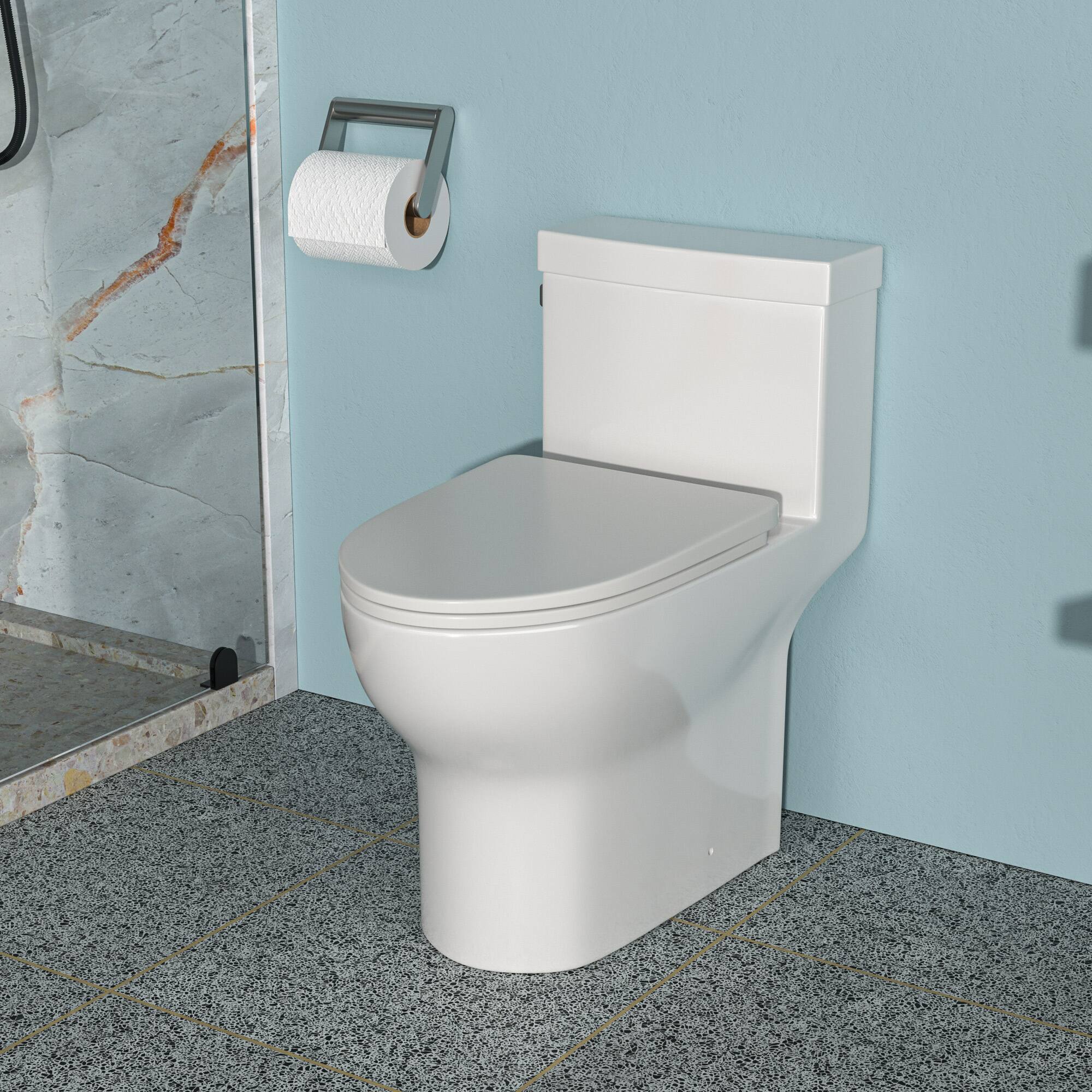 Left. TinyHomie - Ceramic One Piece Toilet Single Flush with Soft Closing Seat - White.