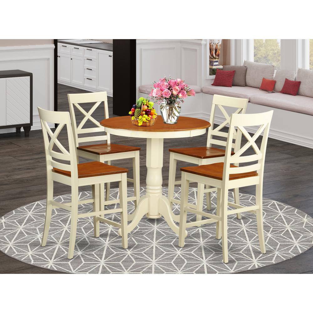 Back. East West Furniture - 5 Pc pub Table set-pub Table and 4 counter height Chairs - Buttermilk & Cherry.