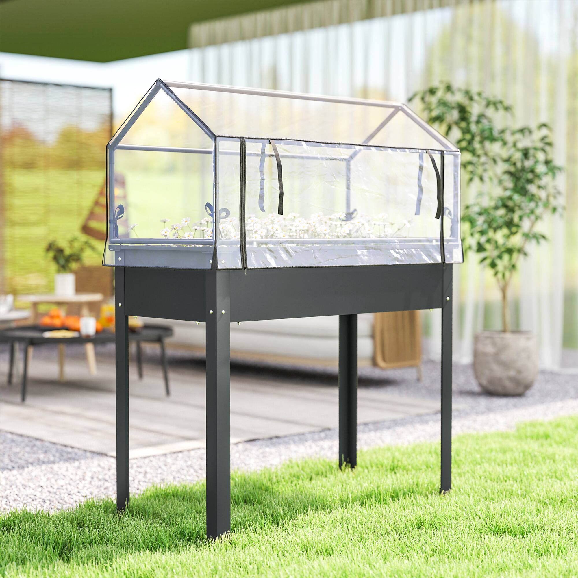 Alt View 7. Outsunny - Raised Garden Bed with Greenhouse Cover, Elevated Planter Box with Legs and Drainage Hole, 39.4" x 18.9" x 48.8".