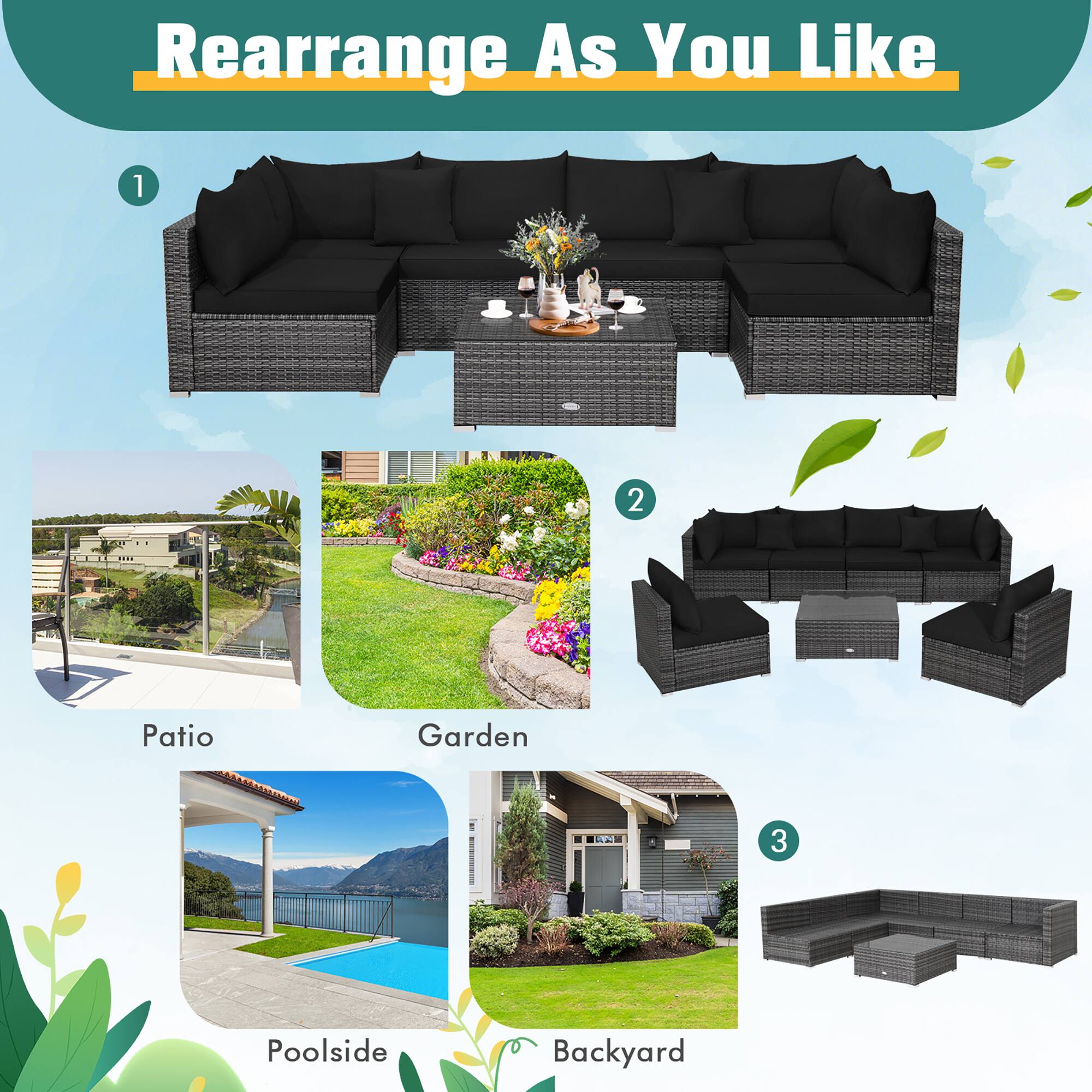 Rearrange As You Like:

1. Patio
2. Garden
3. Poolside
4. Backyard