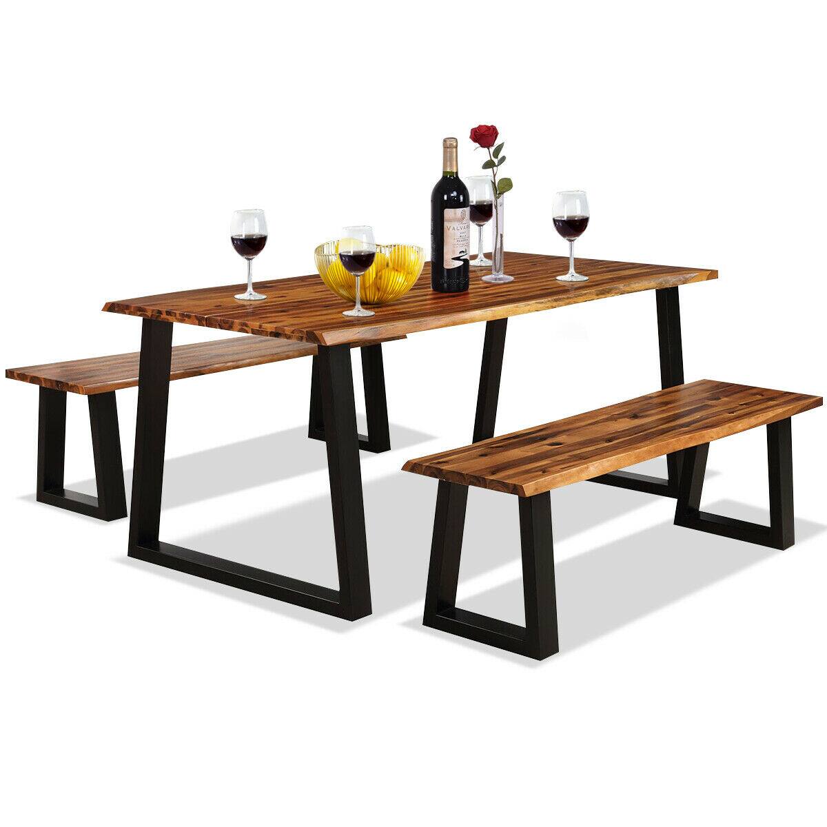 Alt View 7. Gymax - Gymax Picnic Table Set Acacia Wood 3 Piece Table Bench Outdoor Patio - Brown + Black.