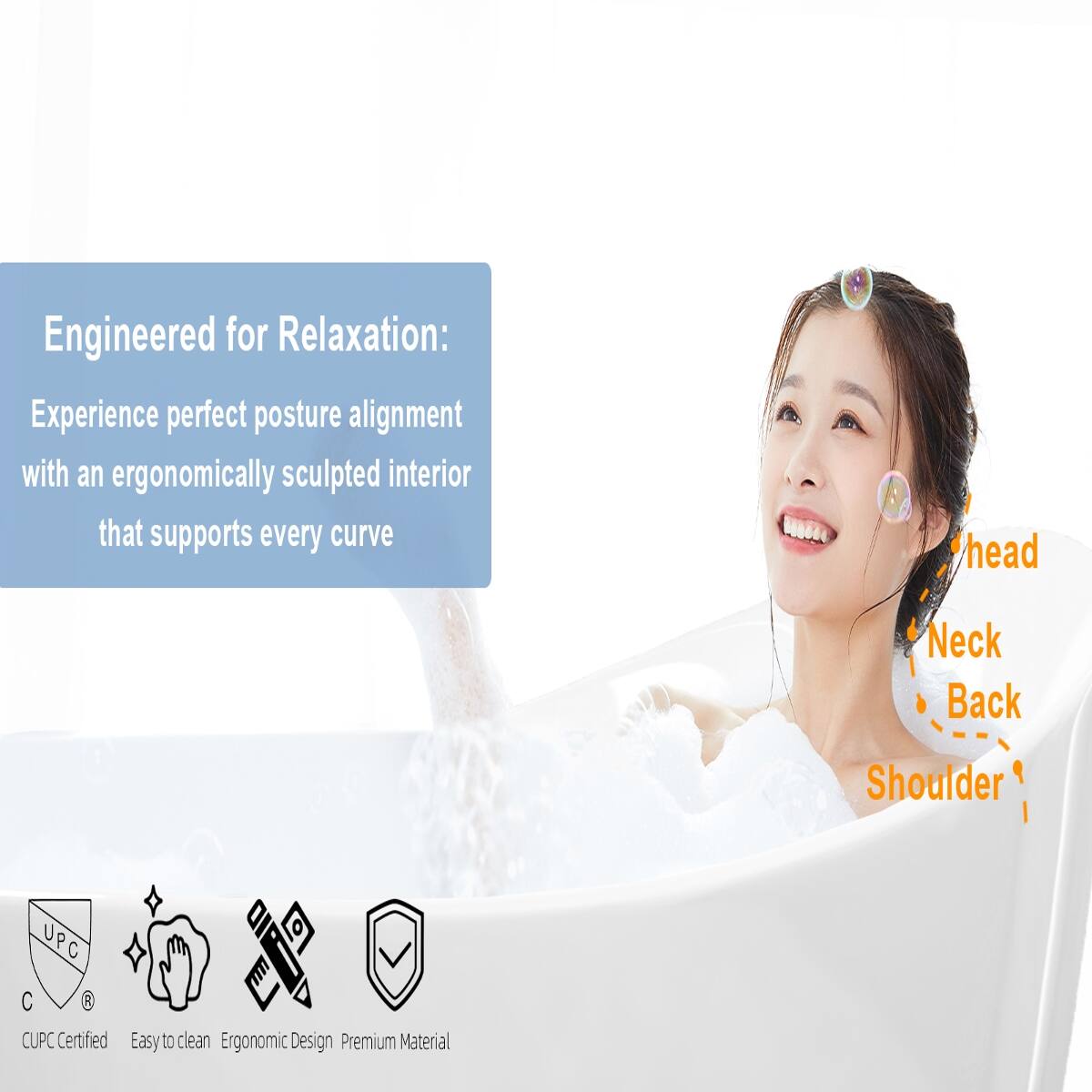 Engineered for Relaxation: Experience perfect posture alignment with an ergonomically sculpted interior that supports every curve

Head
Neck
Back
Shoulder

UPC C R CUPC Certified
Easy to clean
Ergonomic Design
Premium Material
