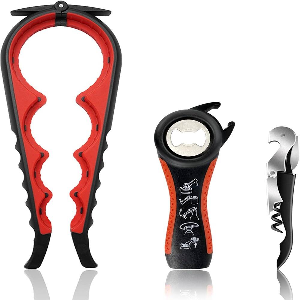 Front. PARKER SLATER - 5-in-1 Jar & Bottle Opener for Weak Hands, Corkscrew, Red - RED.