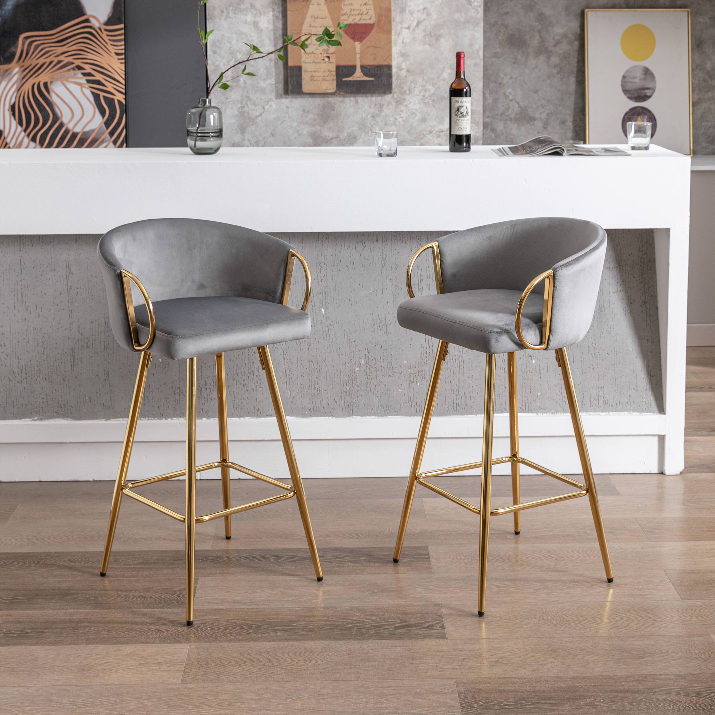 Front. APRILSOUL - 30 Inch Set of 2 Bar Stools Chrome Footrest Base Velvet Golden Leg Simple GRAY - Gray.