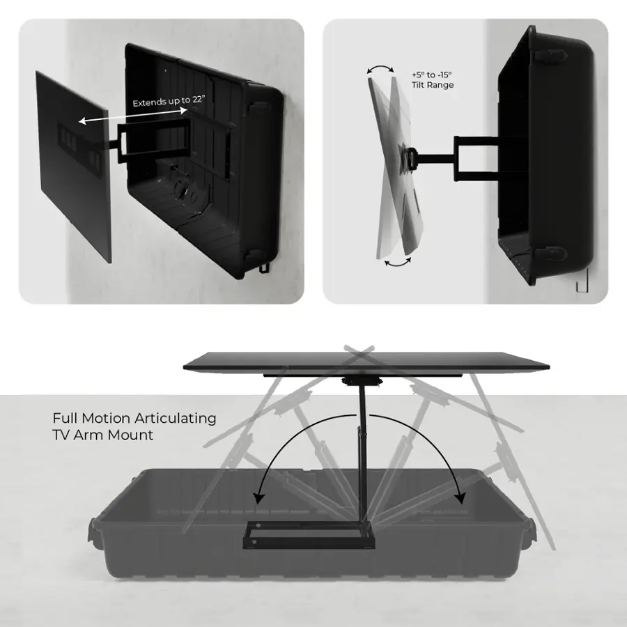 The text on the image reads: "Extends up to 22" +5 to -15 Tilt Range Full Motion Articulating TV Arm Mount."
