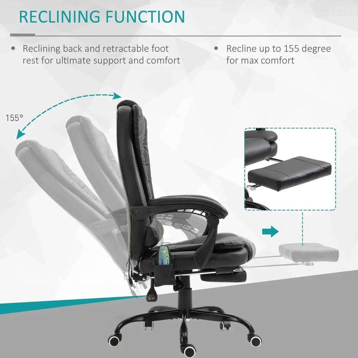 RECLINING FUNCTION  
Reclining back and retractable foot rest for ultimate support and comfort  
Recline up to 155 degrees for max comfort
