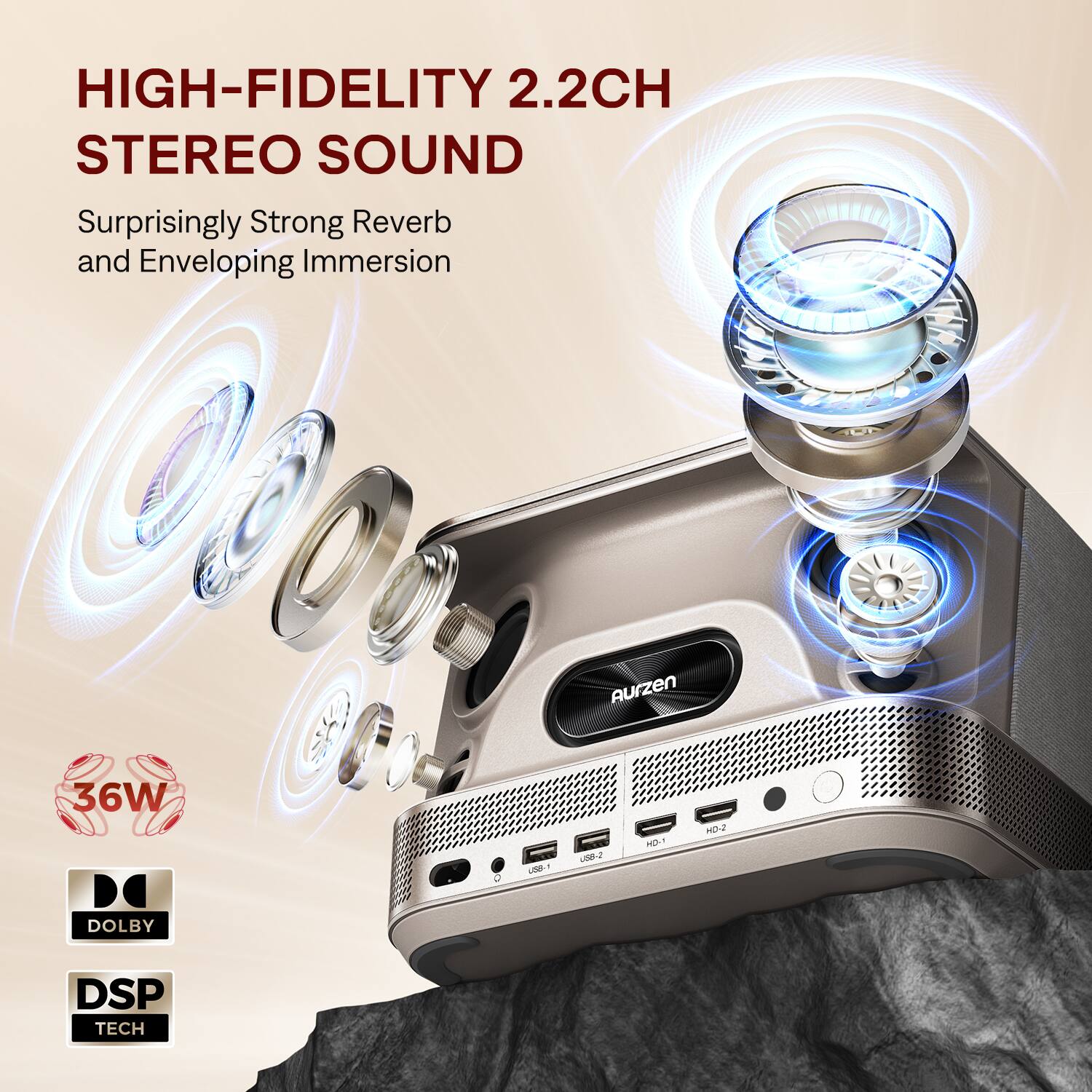 HIGH-FIDELITY 2.2CH STEREO SOUND  
Surprisingly Strong Reverb and Enveloping Immersion  

36W  
DOLBY  
DSP TECH