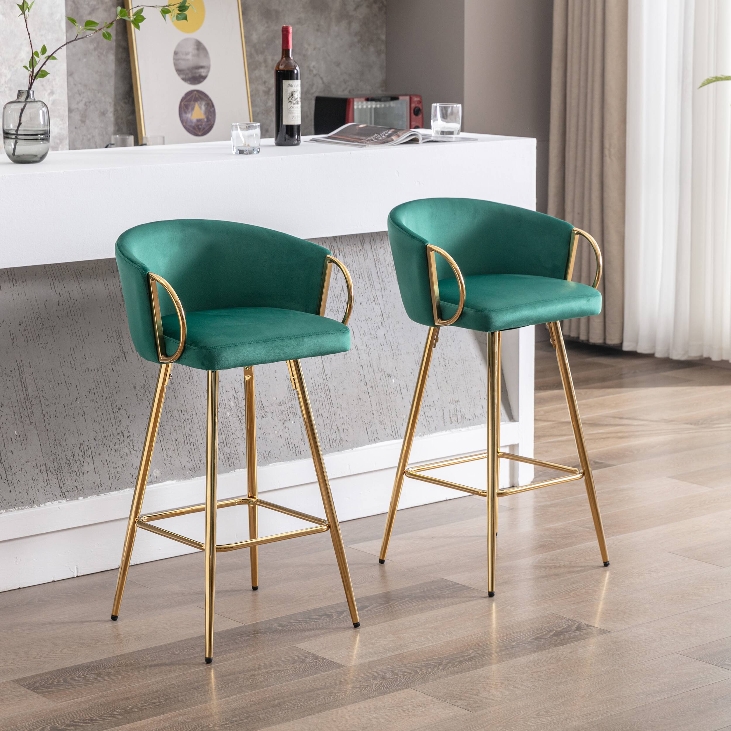 Angle. APRILSOUL - 30 Inch Set of 2 Bar Stools Chrome Footrest Base Velvet Golden Leg Simple GREEN - Green.