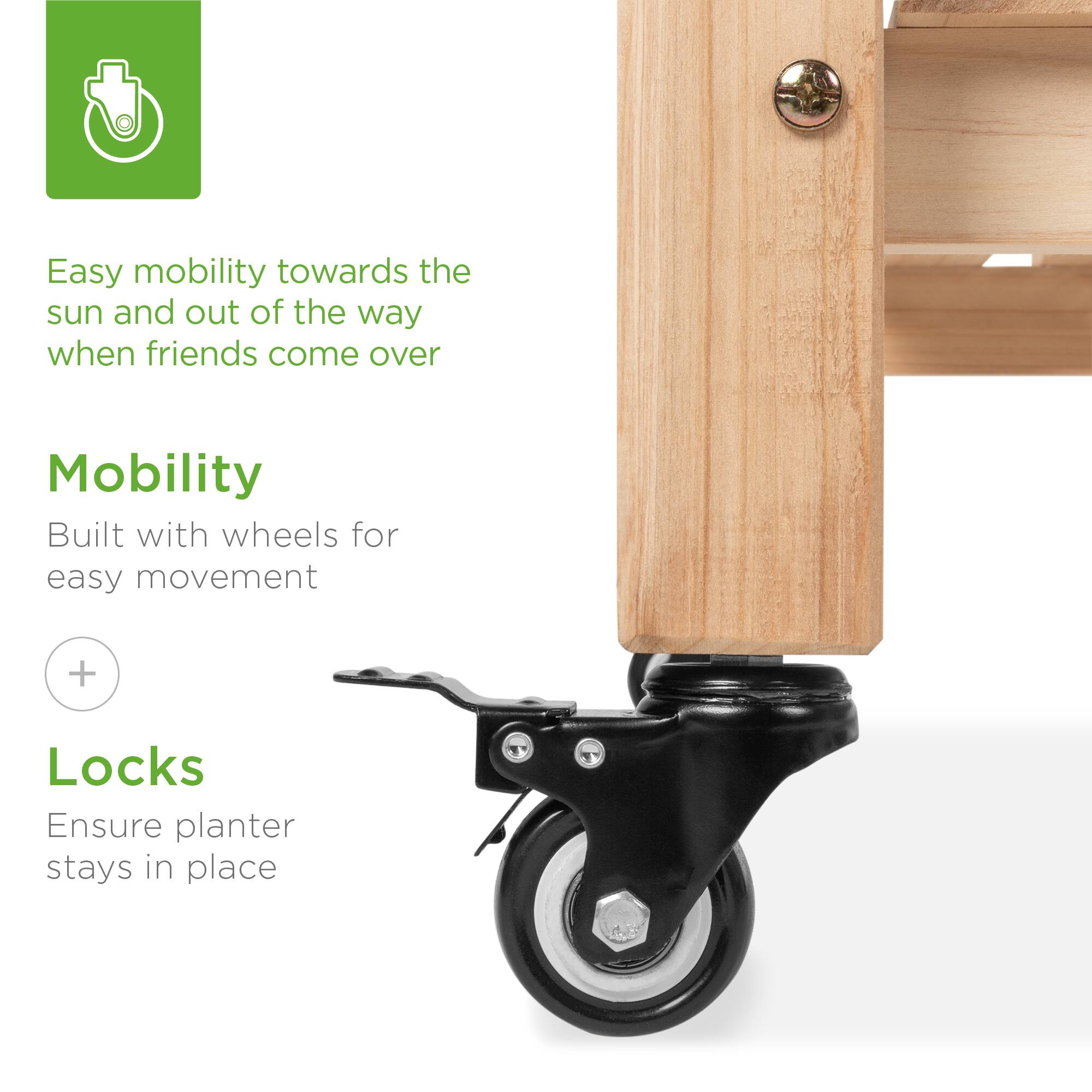 Easy mobility towards the sun and out of the way when friends come over

Mobility  
Built with wheels for easy movement

Locks  
Ensure planter stays in place