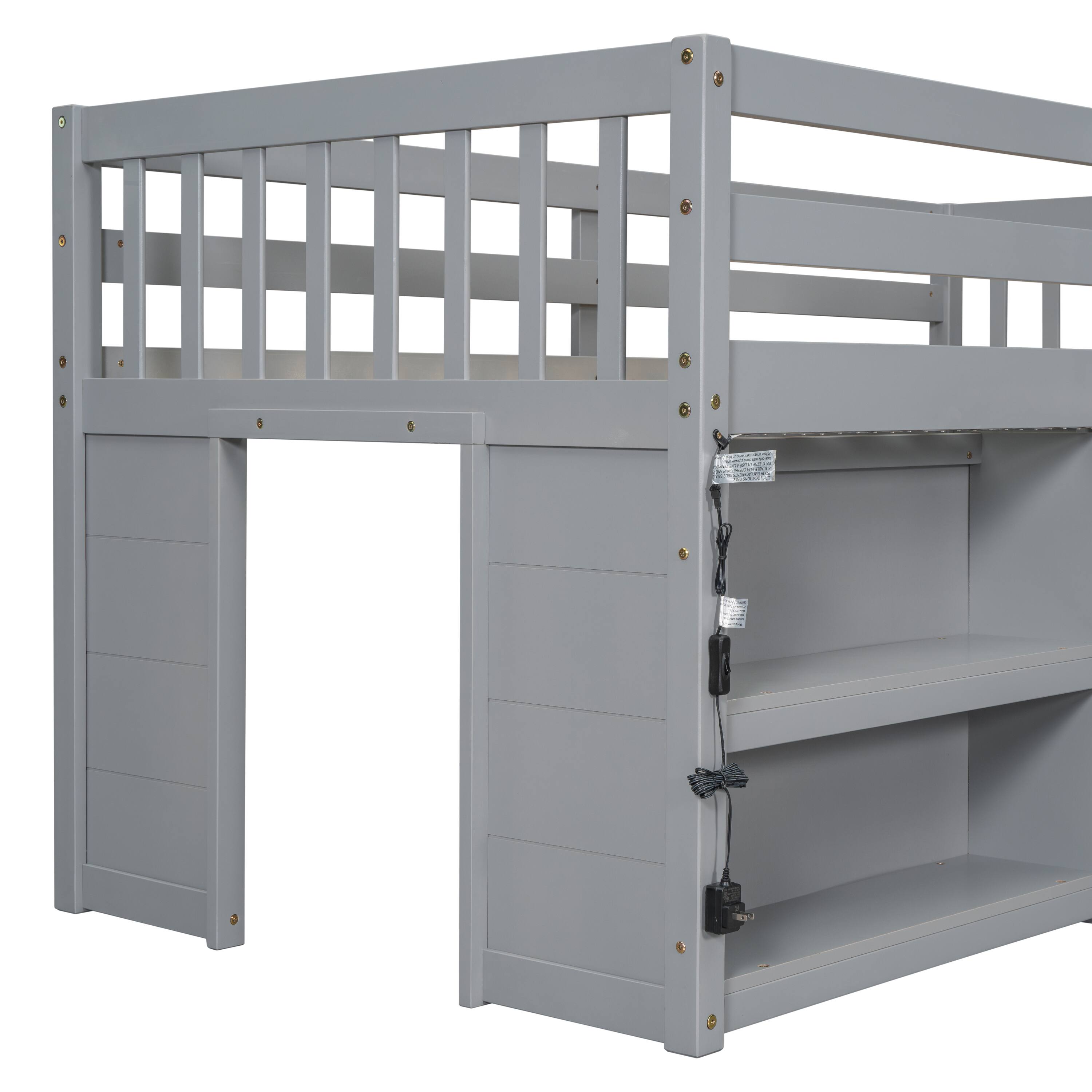 Alt View 5. Spaco - Spaco Twin Low Loft Bed with 2-Tier Shelves and LED Lights, Built-in Stairs, Play Space Under Bed, Solid Wood - Grey.
