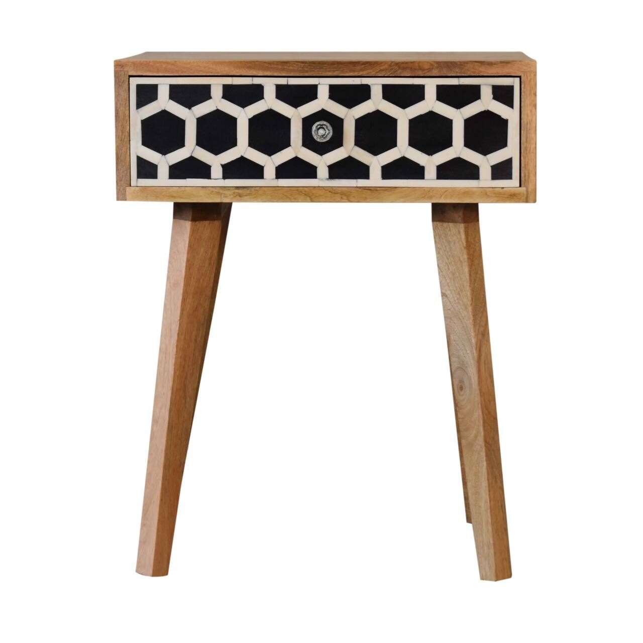 Front. Artisan Furniture - Artisan Furniture Solid Wood Bone Inlay Tapered Nightstand, 1 Drawer, Nordic legs,  Oak-ish, Black and White - Oak.