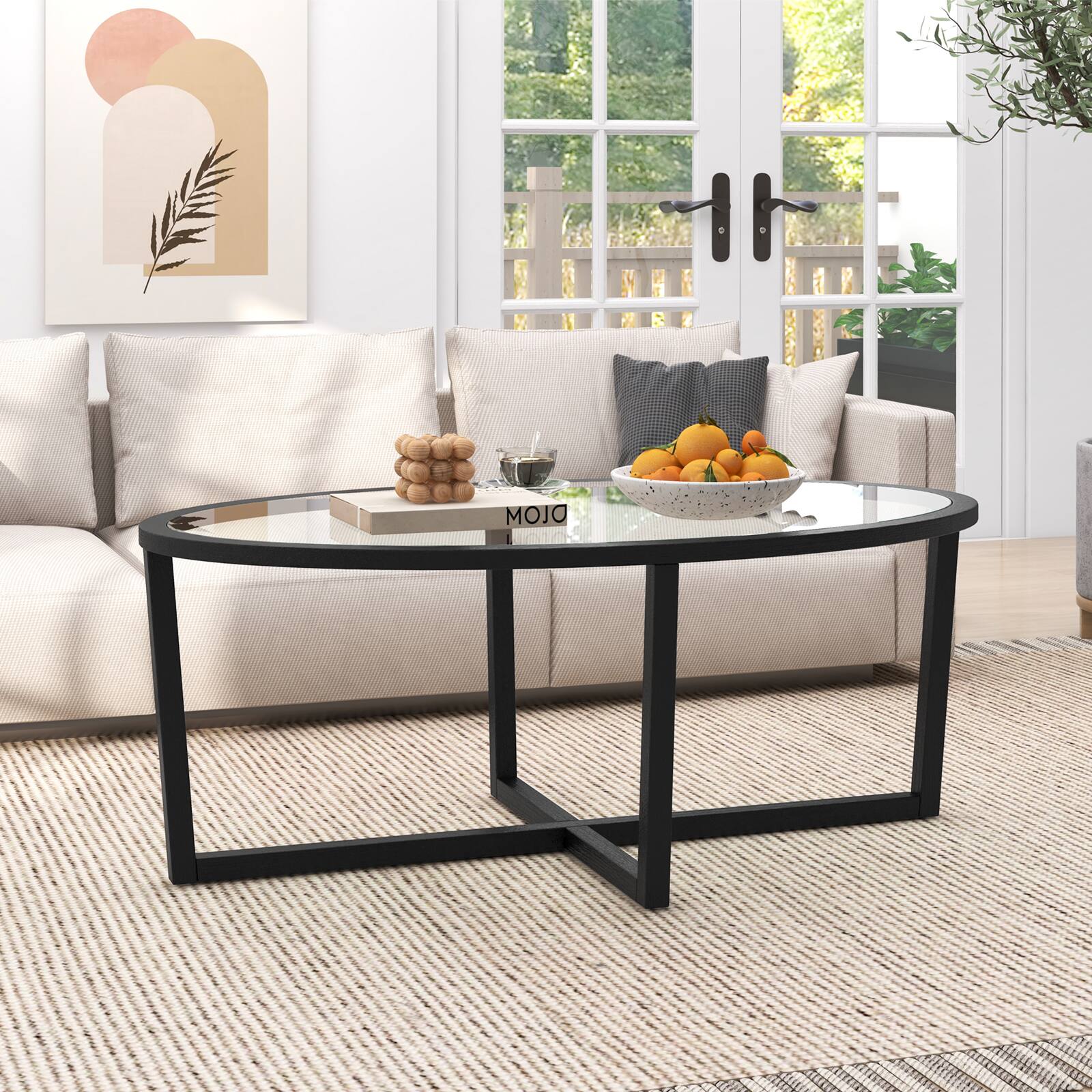 Alt View 8. Ecooso - Modern Round Glass Coffee Table with Solid Wood Base - Black.