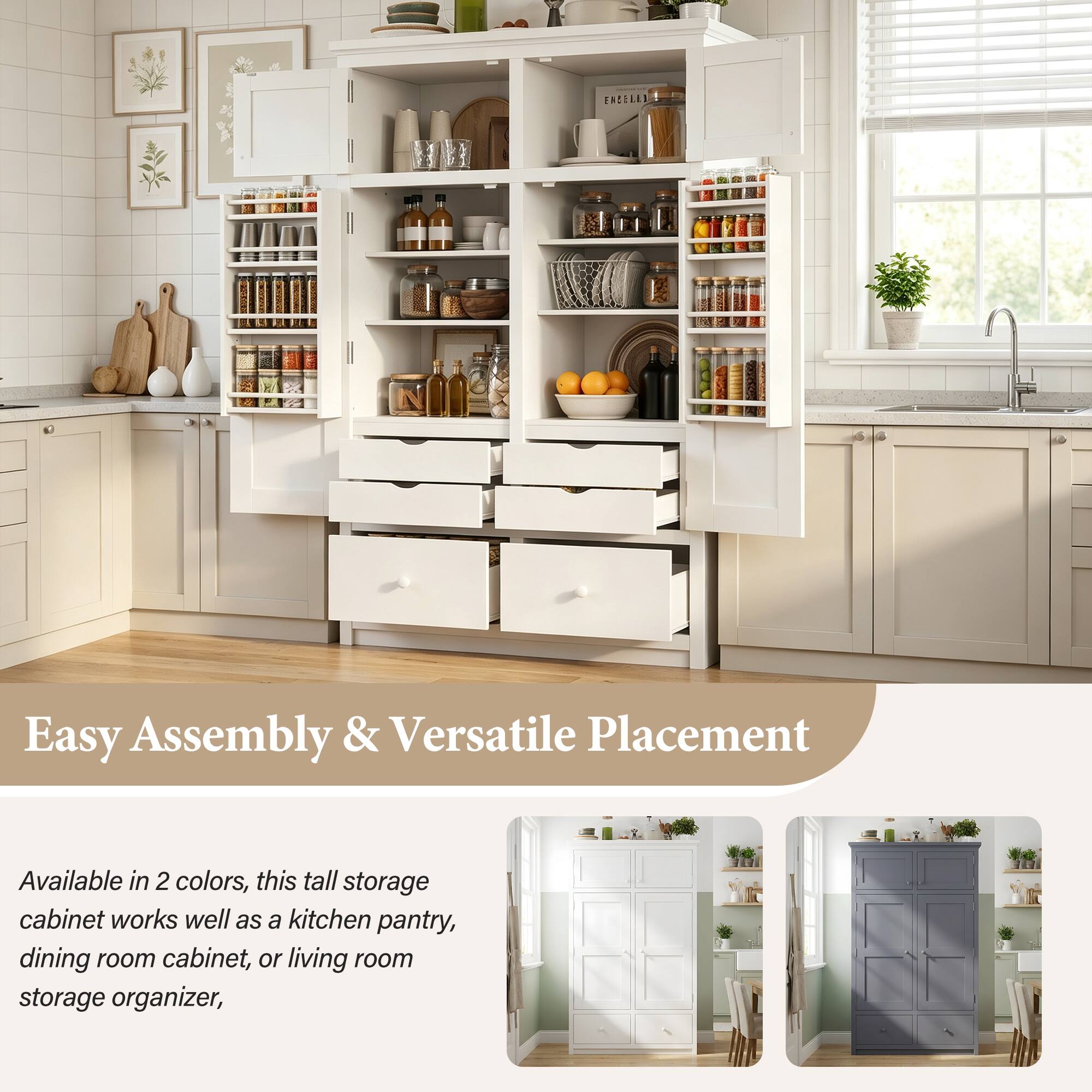 Easy Assembly & Versatile Placement

Available in 2 colors, this tall storage cabinet works well as a kitchen pantry, dining room cabinet, or living room storage organizer.