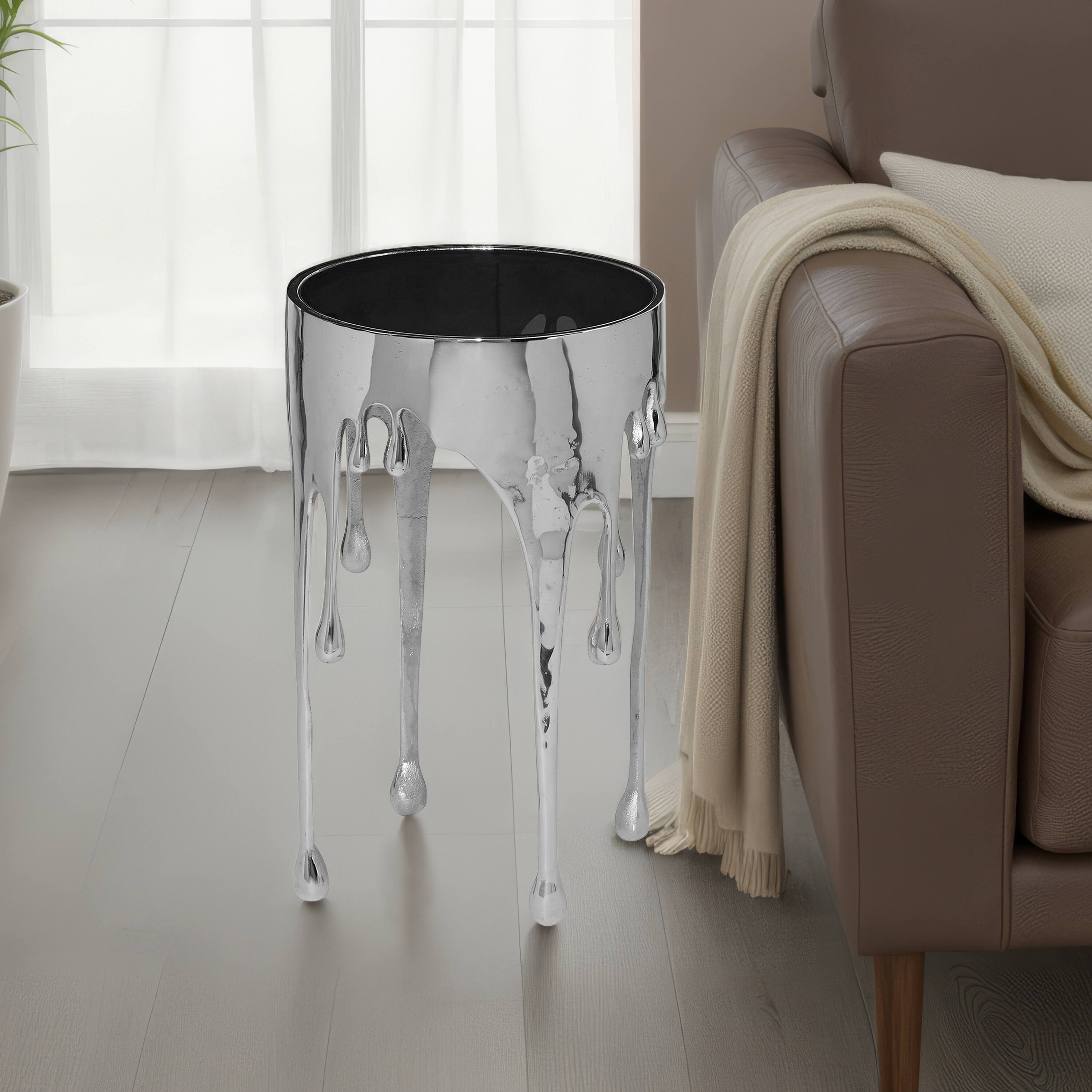 Alt View 9. Manhattan Lane - Capri Side End Table | 24.75 Inch Round Glass Top | Melting Drip Design - Silver, Black.