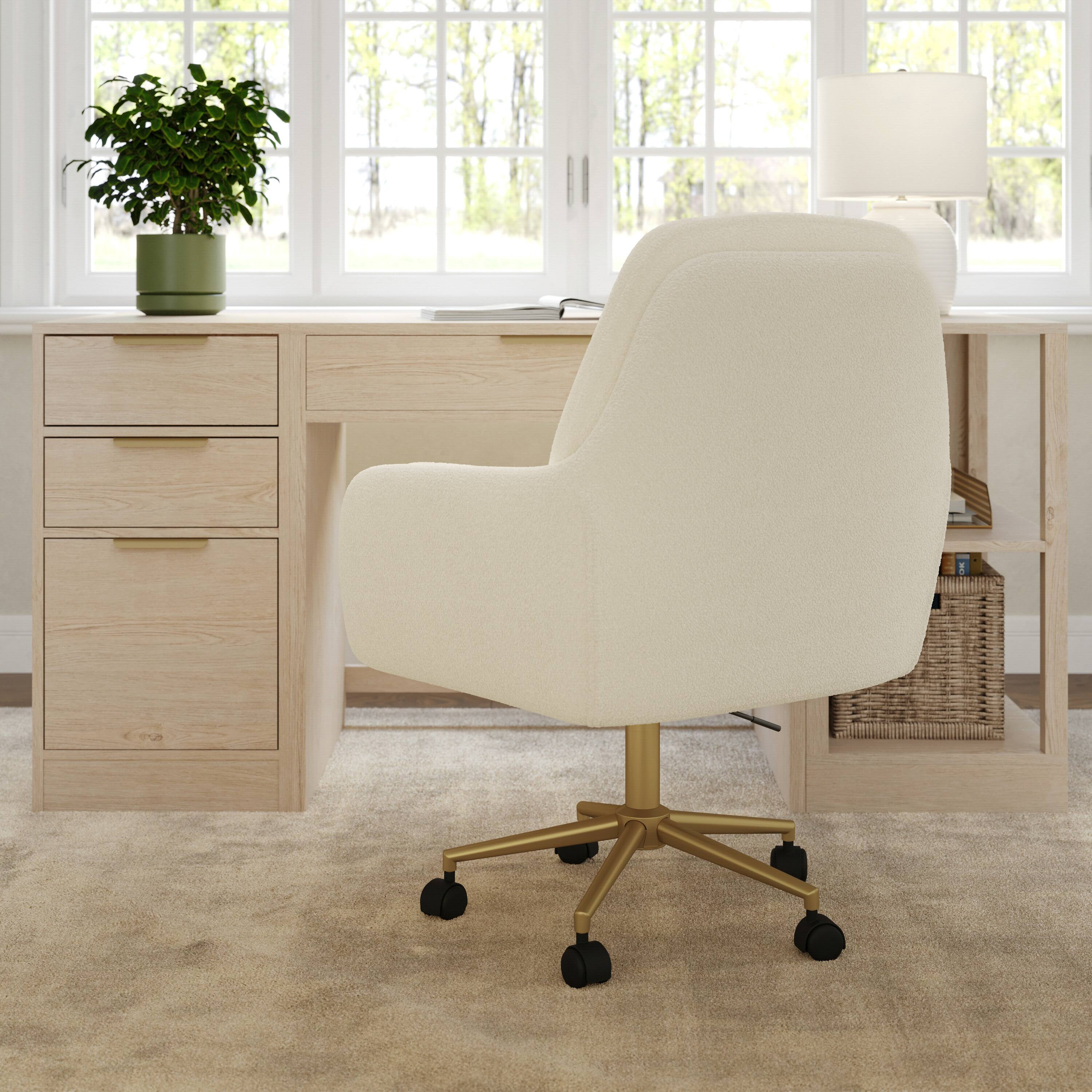 Alt View 5. Martha Stewart - Clara Upholstered Swivel Home Office Chair with Double Cushions - Off White Boucle/Polished Brass Frame.