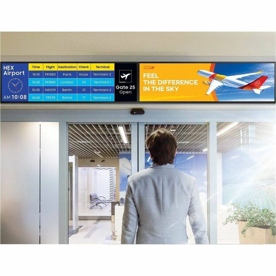 HEX Airport

Time | Flight | Destination | Check | Terminal
10:10 | FR1083 | Paris | Kiosk | Terminal 1
10:30 | FR1885 | London | 34 | Terminal 1
10:35 | S41239 | Berlin | 21 | Terminal 2
10:40 | TP578 | Roma | 17 | Terminal 2

AM 10:08

Gate 25 Open

FEEL THE DIFFERENCE IN THE SKY