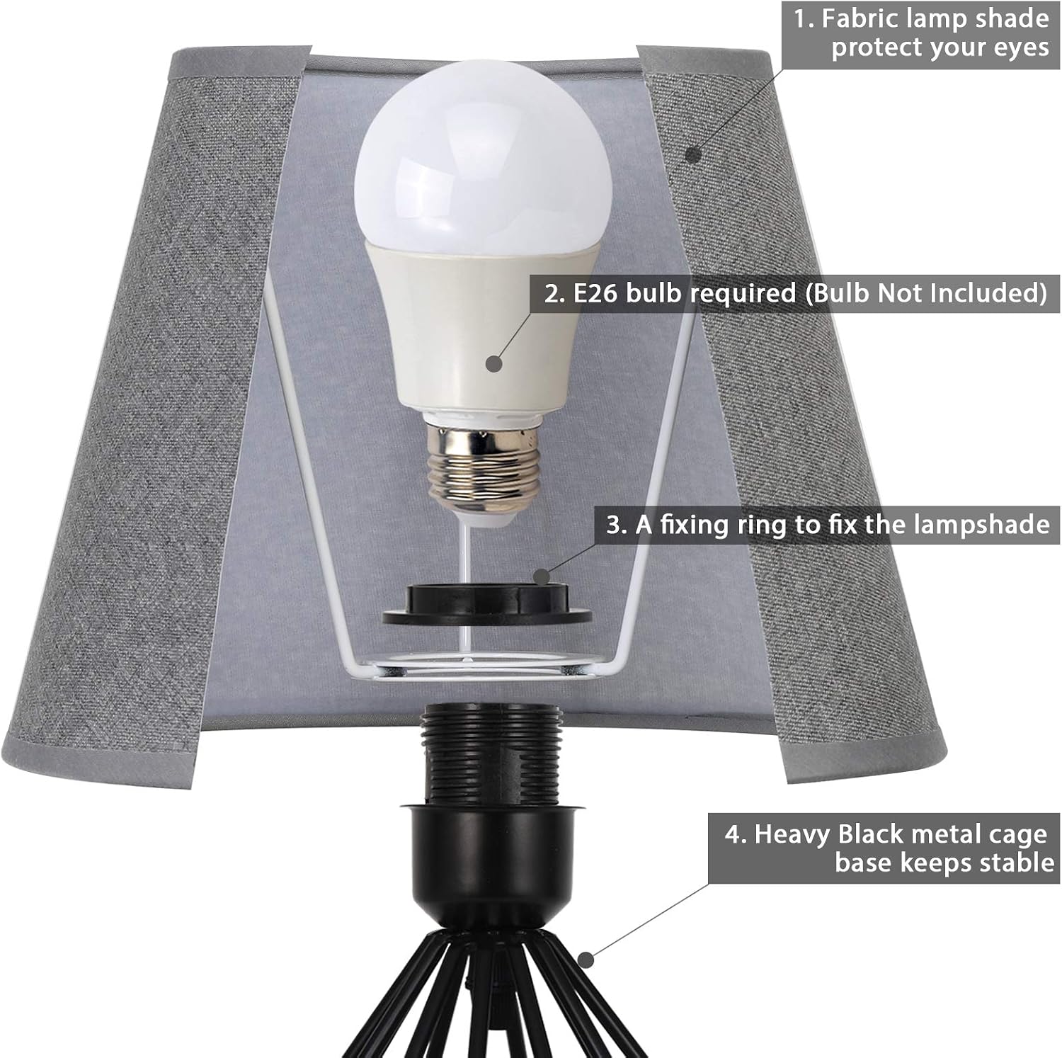 1. Fabric lamp shade protect your eyes  
2. E26 bulb required (Bulb Not Included)  
3. A fixing ring to fix the lampshade  
4. Heavy Black metal cage base keeps stable