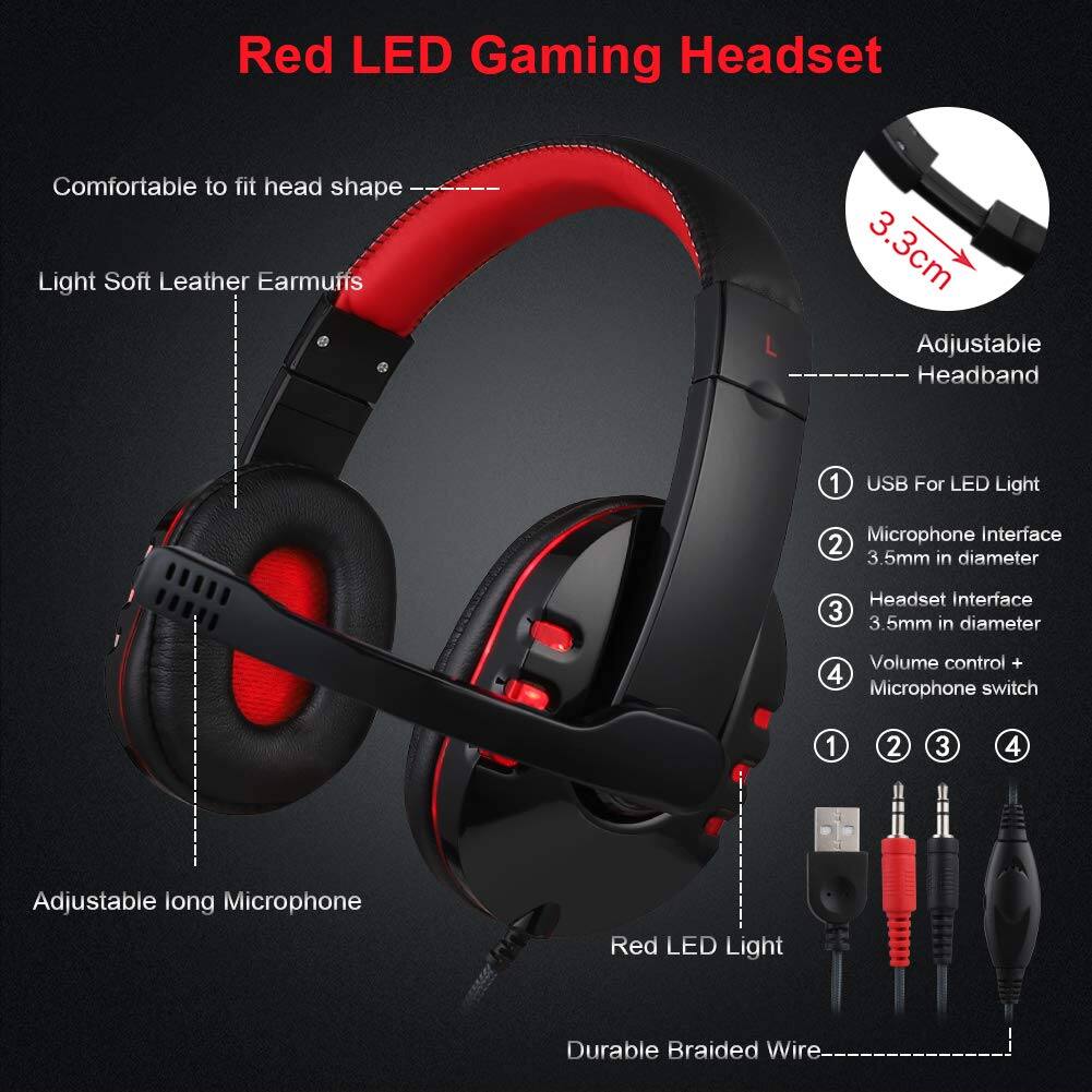 Red LED Gaming Headset

- Comfortable to fit head shape
- Light Soft Leather Earmuffs
- Adjustable Headband (3.3cm)
- Adjustable long Microphone
- Red LED Light
- Durable Braided Wire

USB For LED Light
Microphone Interface (3.5mm in diameter)
Headset Interface (3.5mm in diameter)
Volume control + Microphone switch