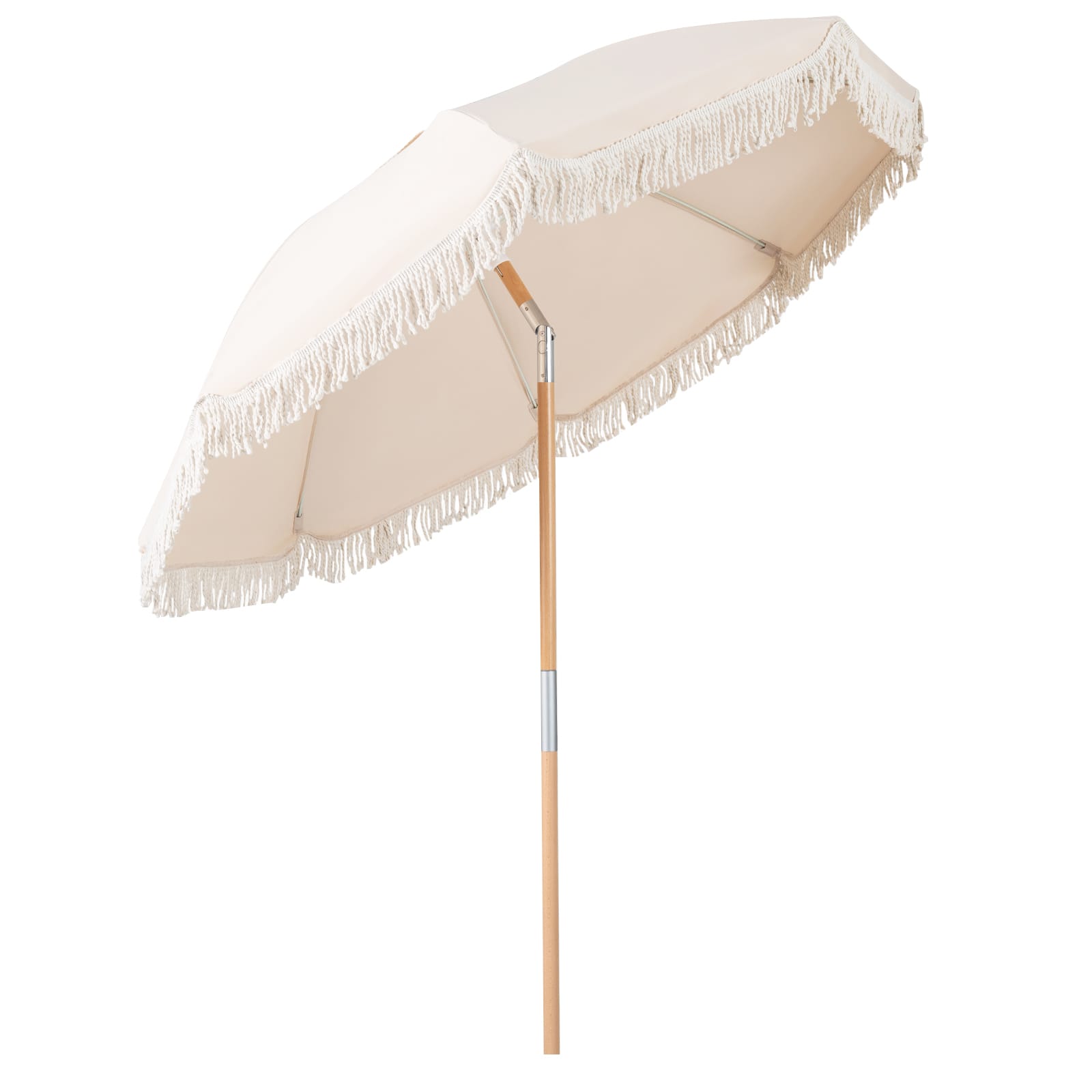 Gymax - 6 FT Patio Umbrella w/ Fringe Push Button Tilt 8 Sturdy Ribs Wood Pole - White