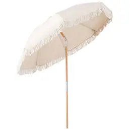 Gymax - 6 FT Patio Umbrella w/ Fringe Push Button Tilt 8 Sturdy Ribs Wood Pole - White