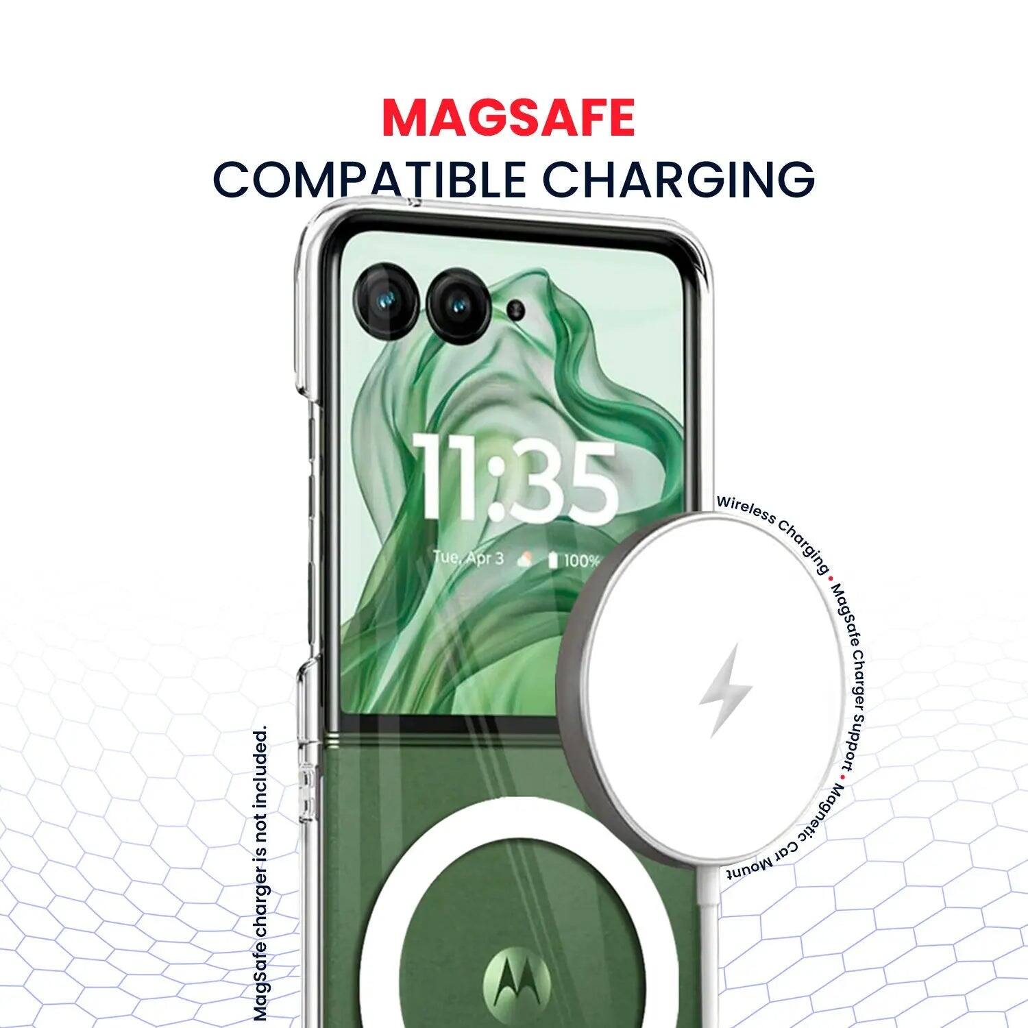 MAGSAFE COMPATIBLE CHARGING included. The charger is Magsafe 11:35 Tue Apr 3 100% Wireless charging MagSafe Charger support Magnetic Car Mount