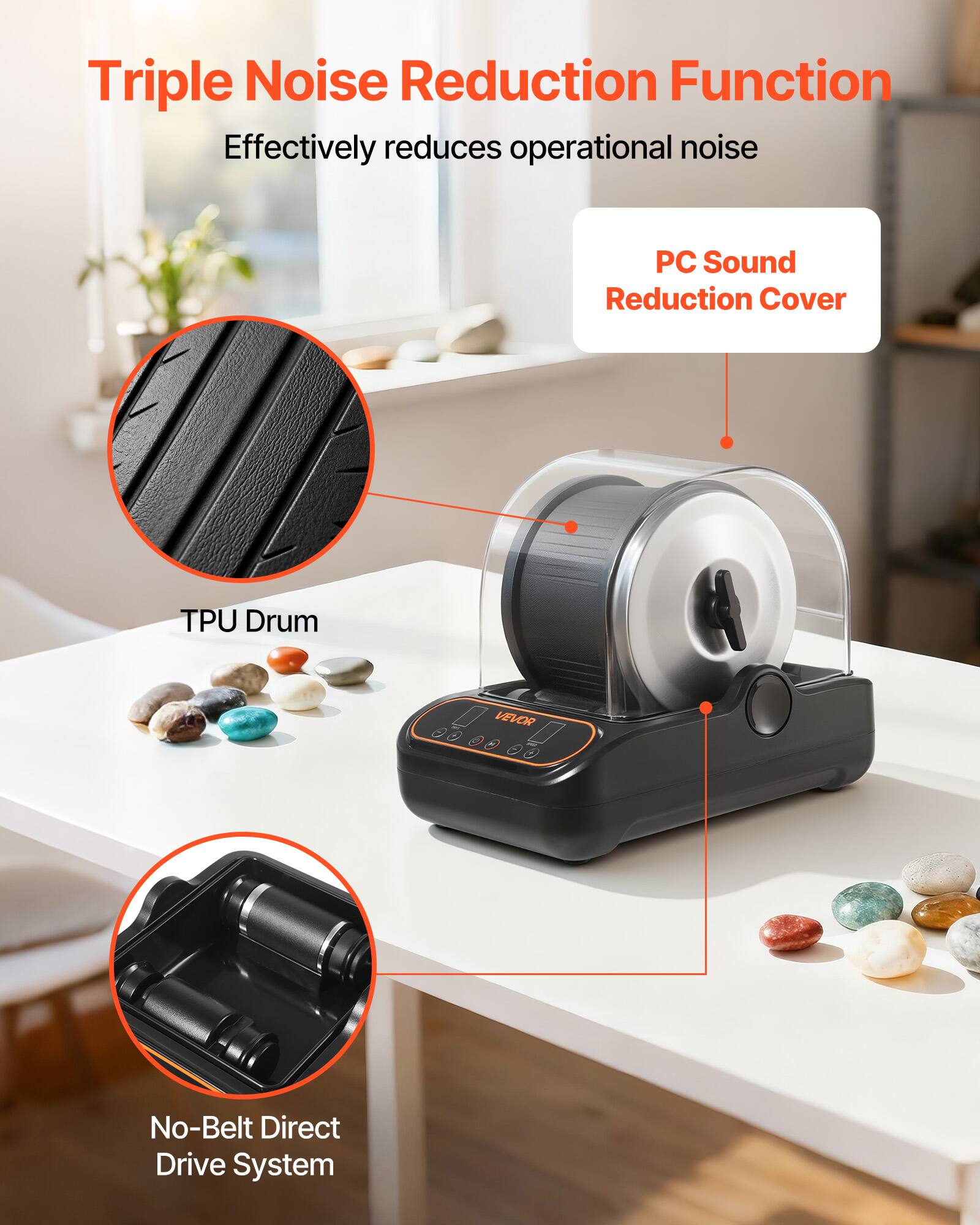 Triple Noise Reduction Function  
Effectively reduces operational noise  

- PC Sound Reduction Cover  
- TPU Drum  
- No-Belt Direct Drive System