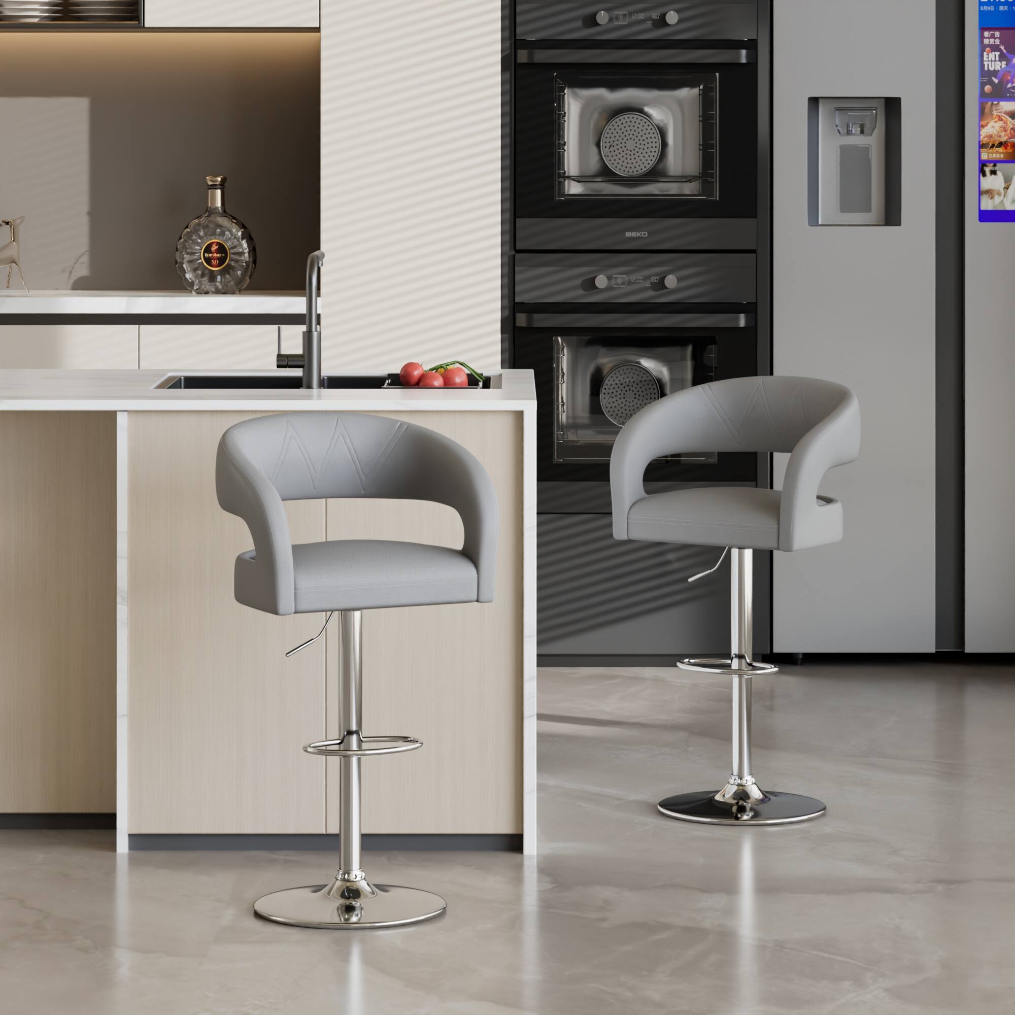 Angle. Vecelo - Set of 2 PU Leather  Bar Stools with Adjustable Height ,360° Rotation, 330lb Capacity for Kitchen Island & Cafe - Light Grey.