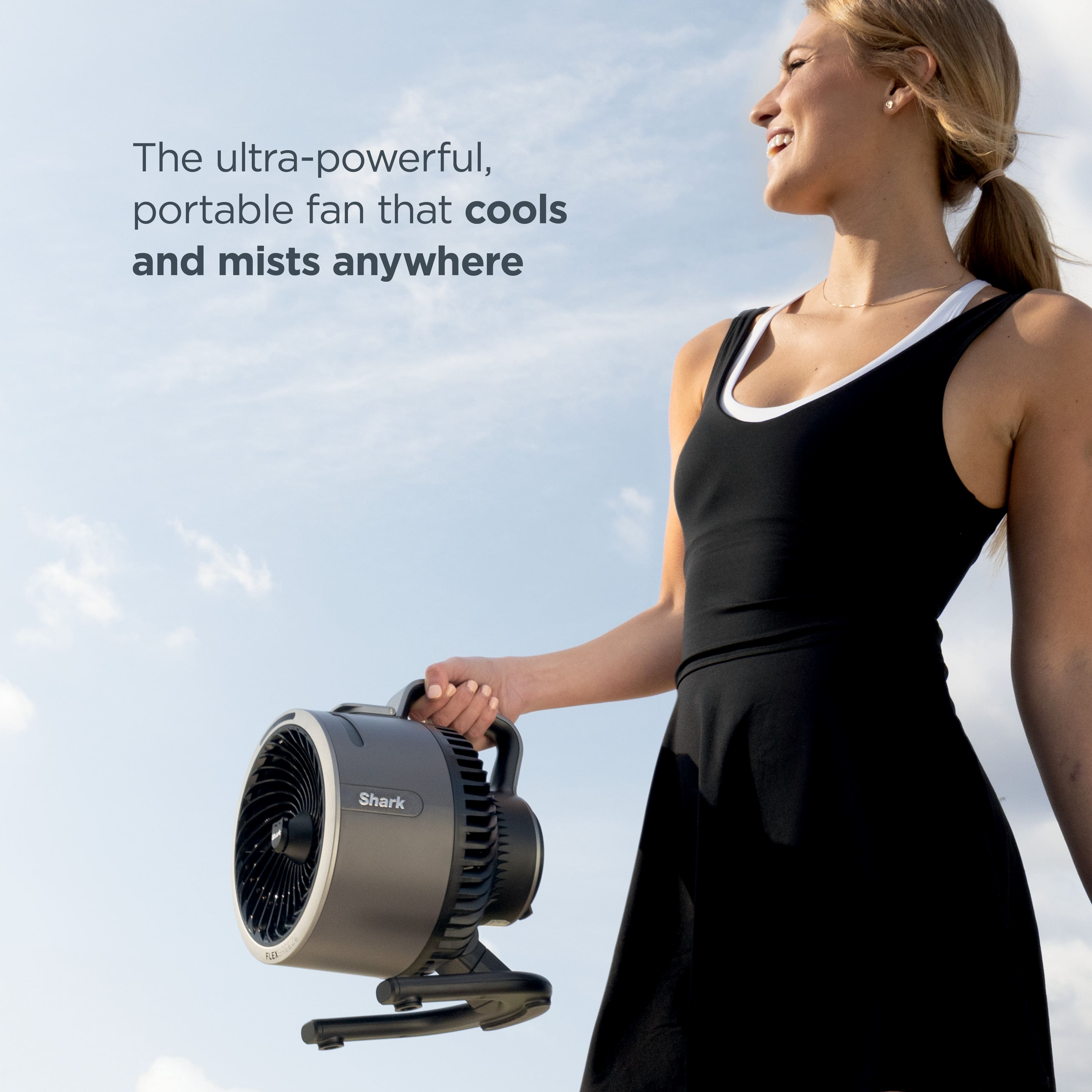 The ultra-powerful, portable fan that cools and mists anywhere is the Shark.
