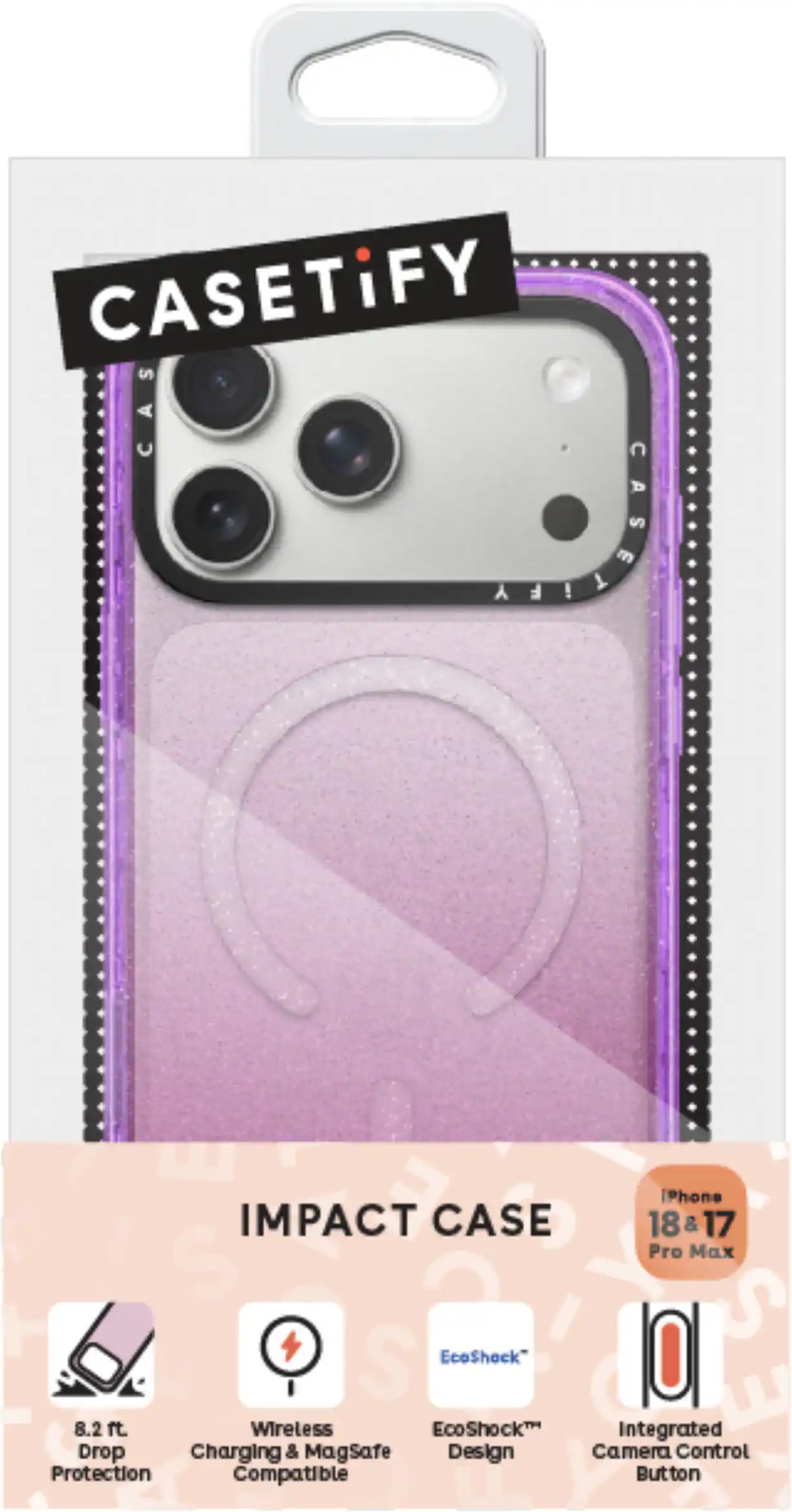 CASETiFY CAS  
iPhone IMPACT CASE 18 & 17 Pro Max  
EcoShock 8.2 ft. Wireless EcoShock Integrated Drop Charging & MagSafe Design Camera Control Protection Compatible Button