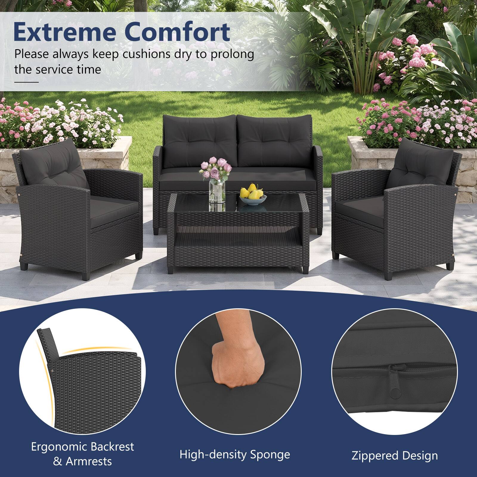 Extreme Comfort  
Please always keep cushions dry to prolong the service time

Ergonomic Backrest & Armrests  
High-density Sponge  
Zippered Design