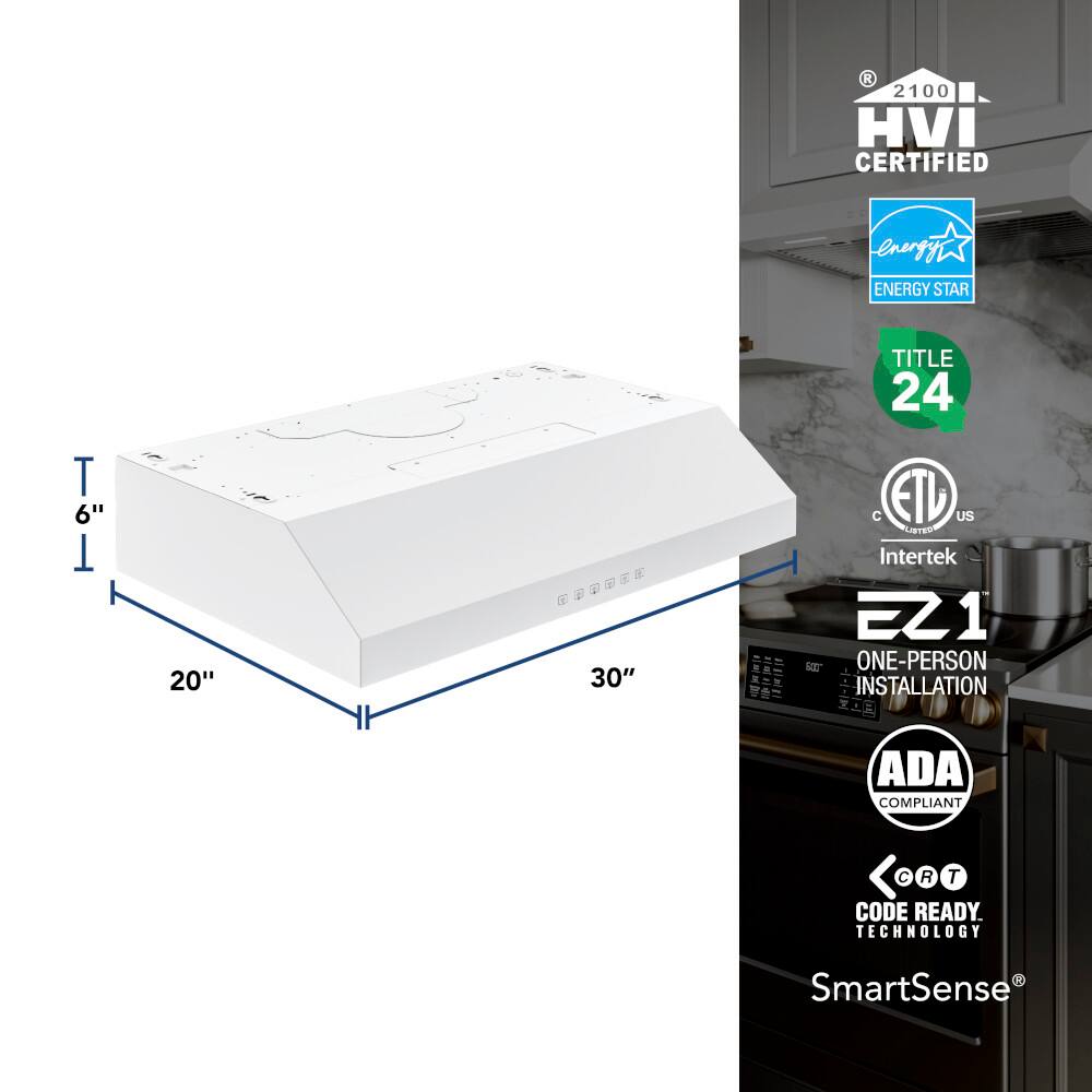 The text on the image is grouped and corrected as follows:

"HVI Certified Energy Star 2.0 6" 20" 30" 1 Title 24 ETD US Let Intertek 2Z1 S One-Person Installation ADA Compliant R T Code Ready Technology SmartSense."