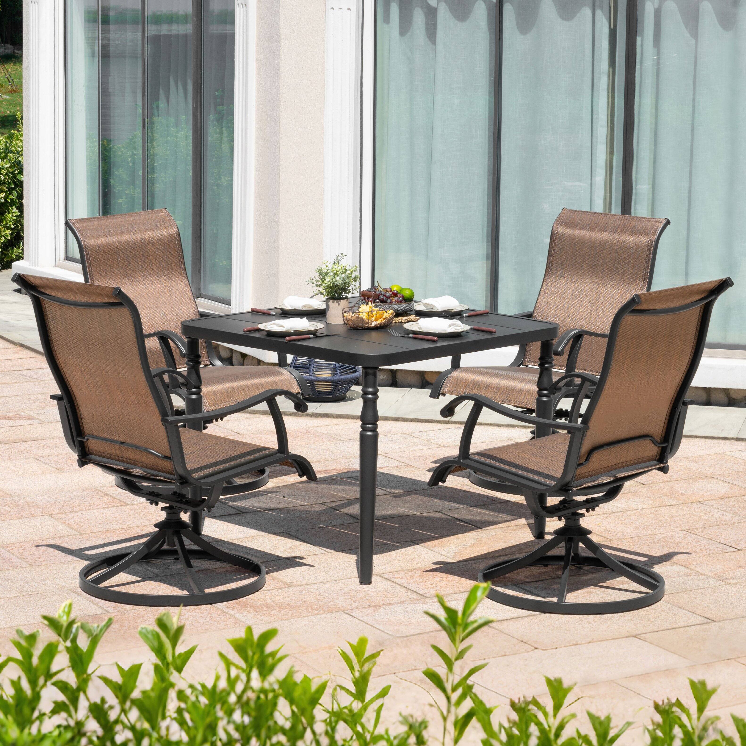 Angle. Nuu Garden - Patio 5PCS Metal Textilene Dining Set with Umbrella Hole and Swivel Chairs - Brown and Black.