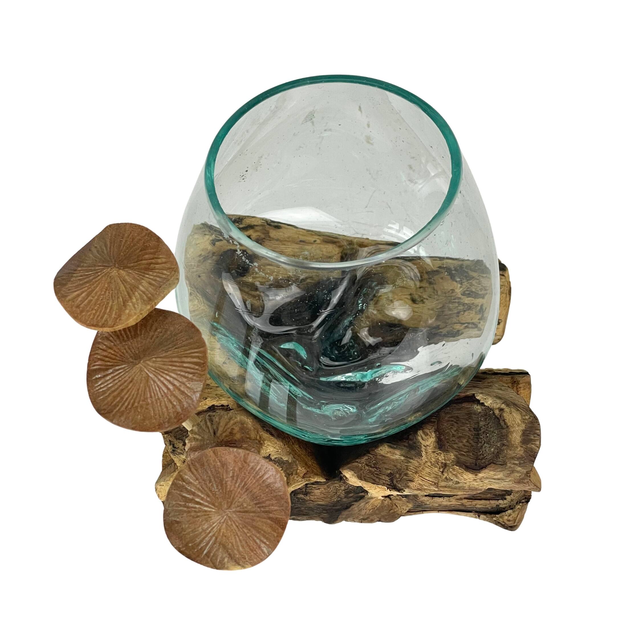 Alt View 1. Things2Die4 - Handcrafted Glass Vase with Teak Driftwood and Wood Mushroom Embellishments - Brown.