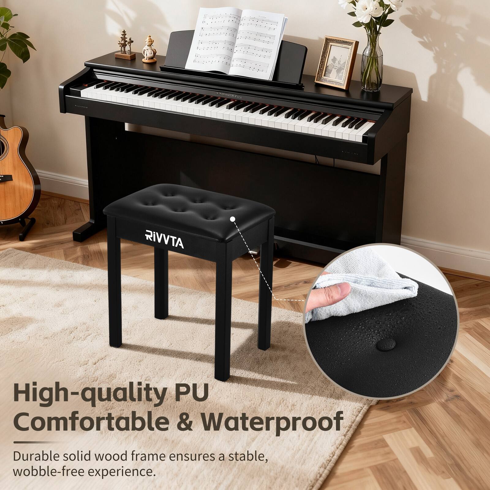 RIVVTA High-quality PU Comfortable & Waterproof  
Durable solid wood frame ensures a stable, wobble-free experience.