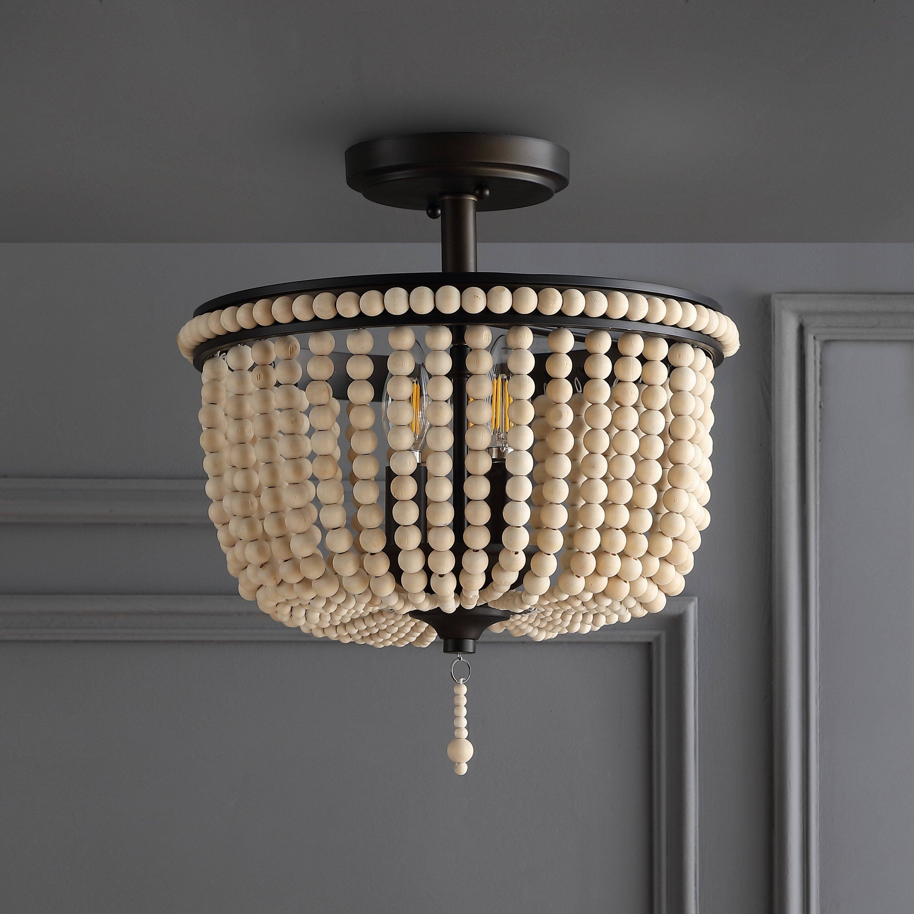 Alt View 5. Jonathan Y - Allie 14" Wood Beaded/Metal LED Semi Flush Mount, Black / Light Taupe - Black.