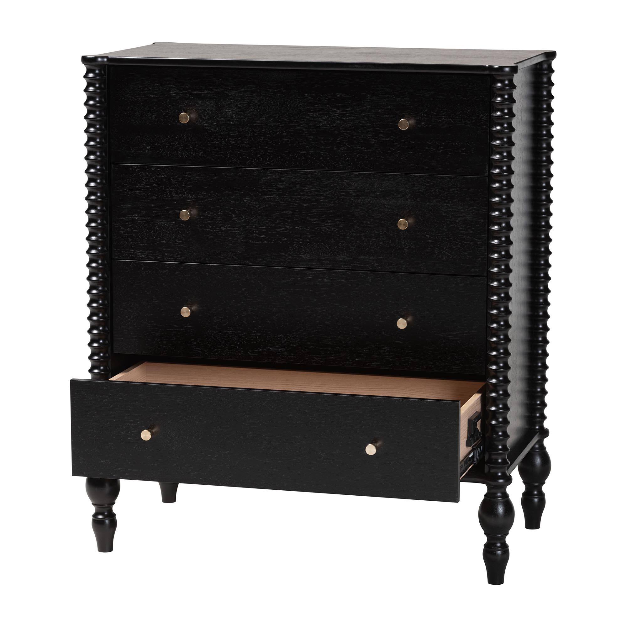Angle. Baxton Studio - Callison Spindle Chest - 4-Drawer Farmhouse Vertical Cabinet with Turned Accents for Bedroom, - Black.