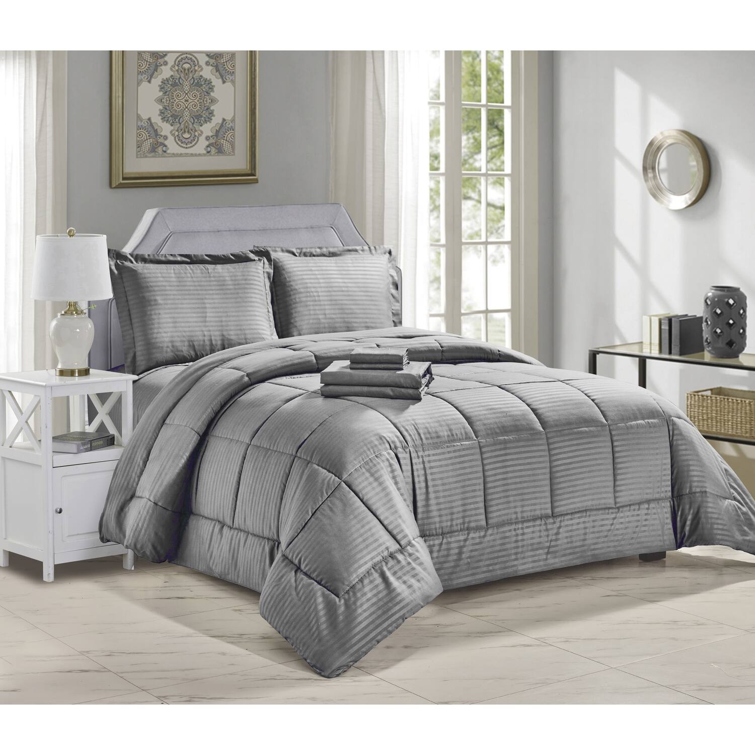 Alt View 1. Plazatex - Plazatex Embossed Dobby Stripe 8 Pieces Comforter Bed In A Bag Set Queen Gray - Gray.