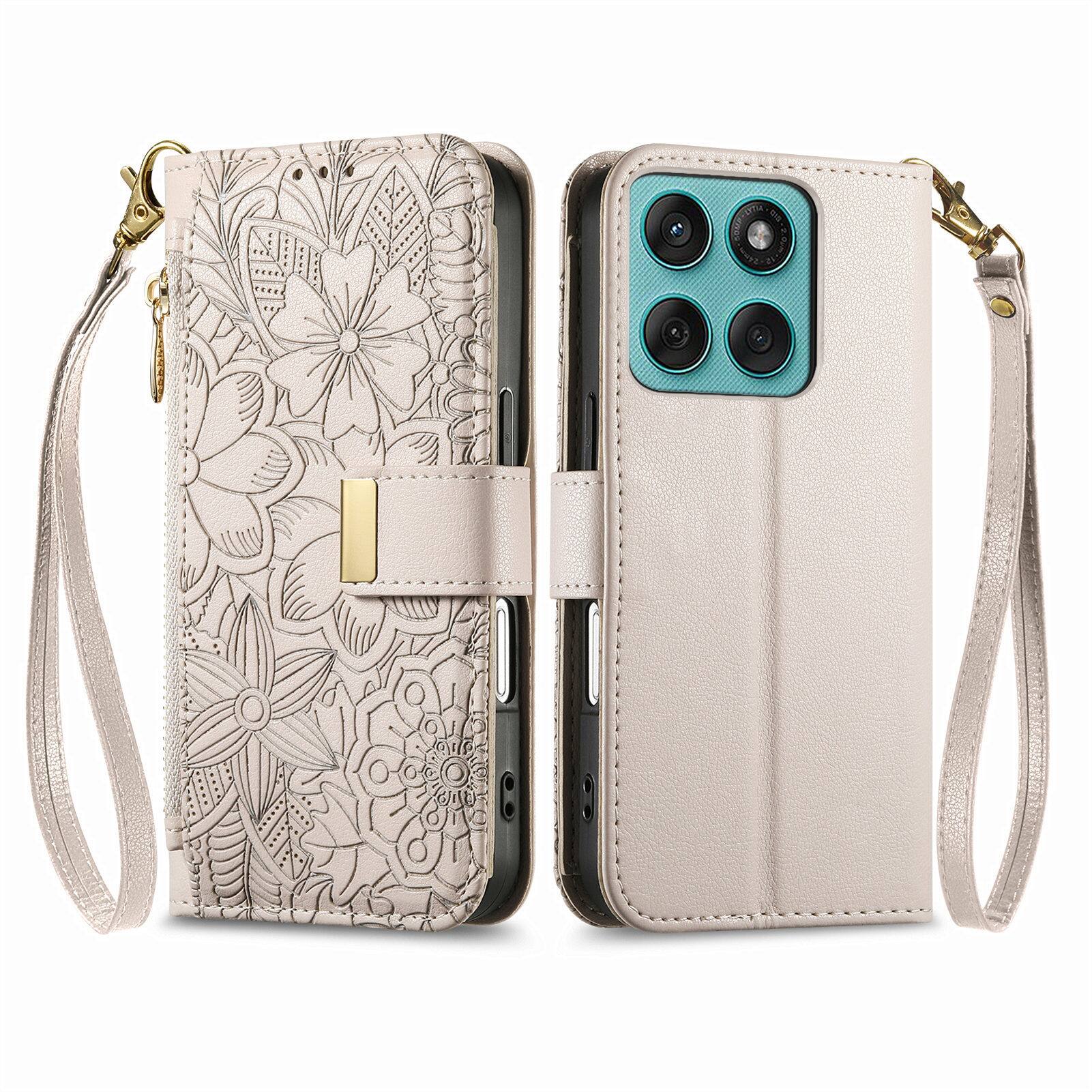 Angle. UUCOVER - Floral PU Leather Wallet Case for Motorola Moto Edge (2025) with Zipper Pocket, Cash Card Slot, Shoulder & Wrist Strap - Beige.
