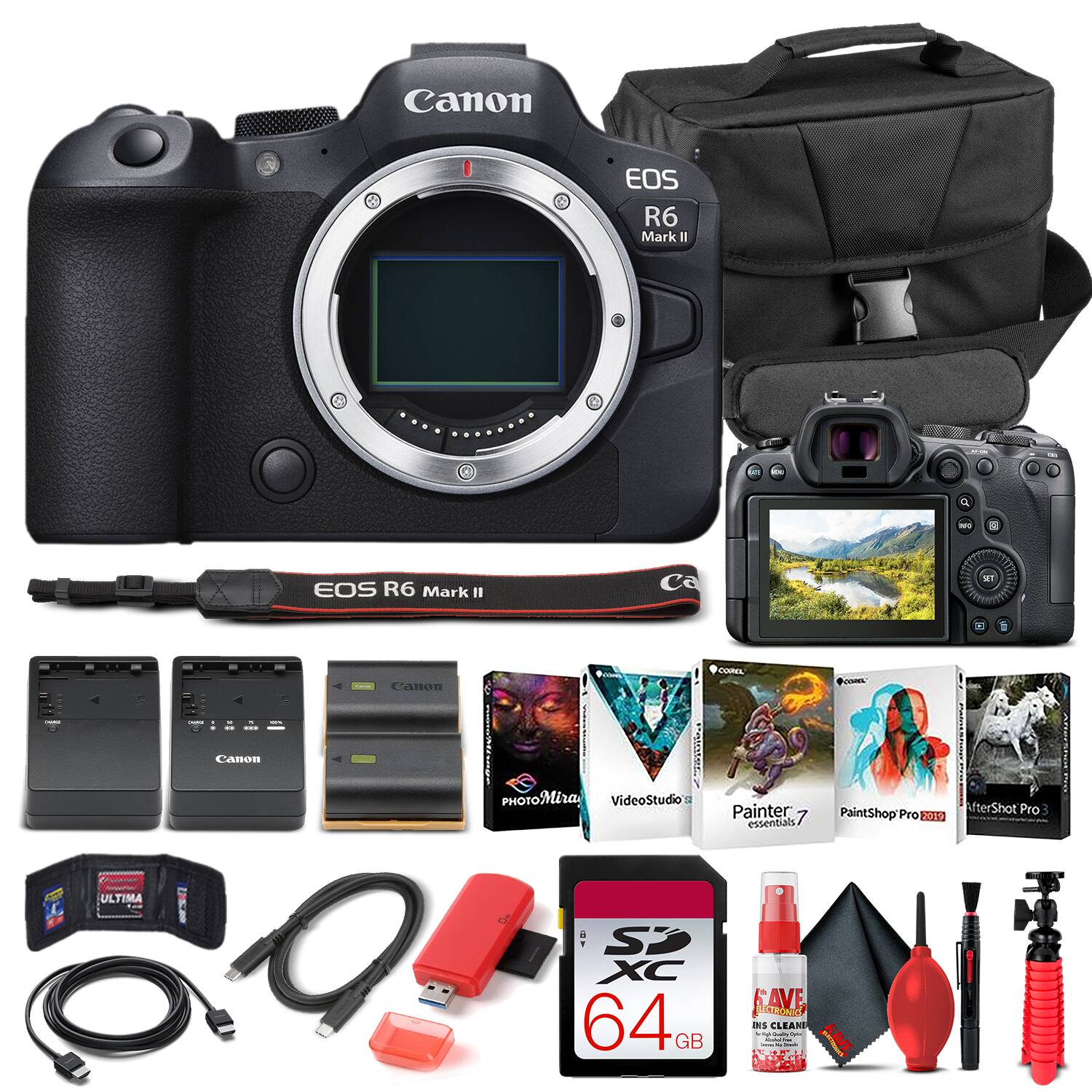 Canon EOS R6 Mark II  
- EOS R6 Mark II  
- Canon  
- VideoStudio  
- Painter 7 essentials  
- PaintShop Pro  
- AfterShot Pro 3  
- XC 64GB  
- PoTARA  
- SAVE
