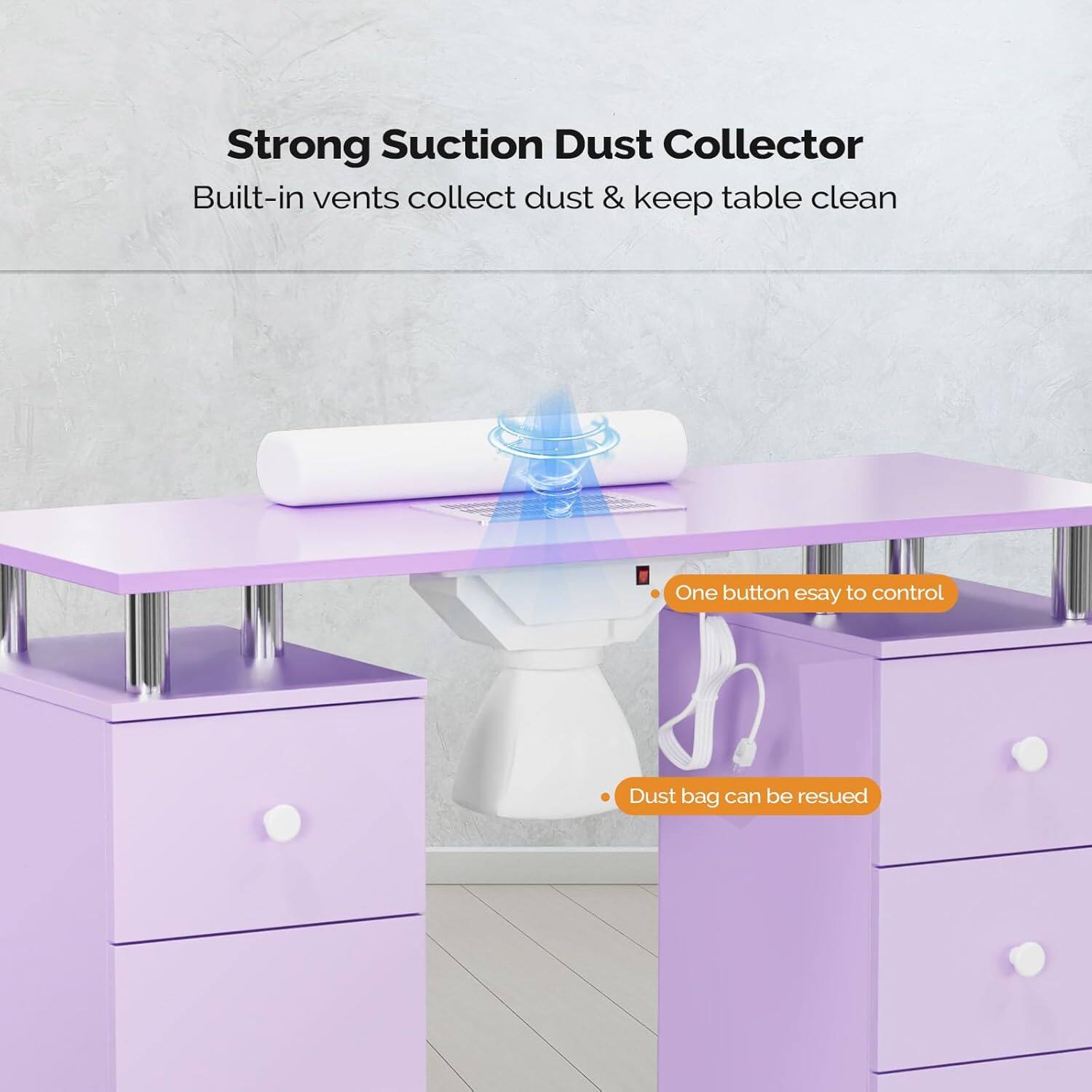 Strong Suction Dust Collector  
Built-in vents collect dust & keep table clean  

- One button easy to control  
- Dust bag can be reused