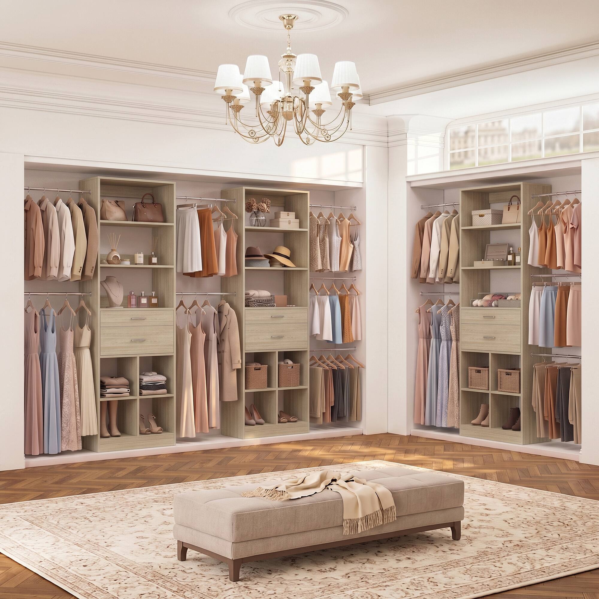 Alt View 5. Aheaplus - Small Closet System, 3.2-6.8FT Adjustable Closet Organizer with 2 Drawers & 5 Hanging Rods - White Oak.