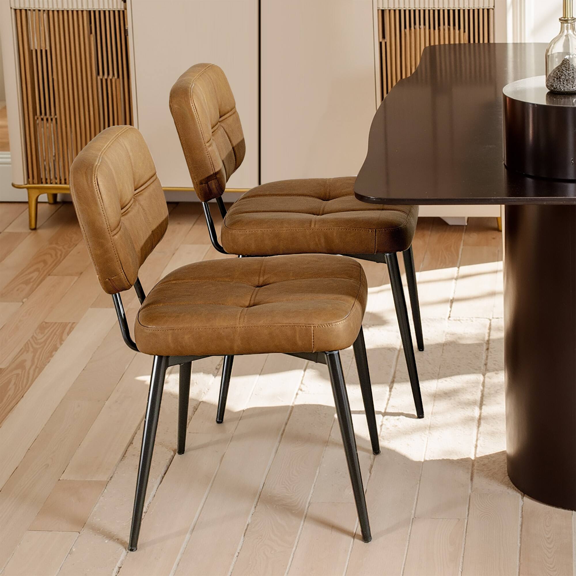 Alt View 7. KERDOM - Mid-Century Dining Chairs Set of 2, Vintage PU Leather Armless Kitchen Chair 2pcs, Thickened Cushion Coffee Corner Chair - Brown.